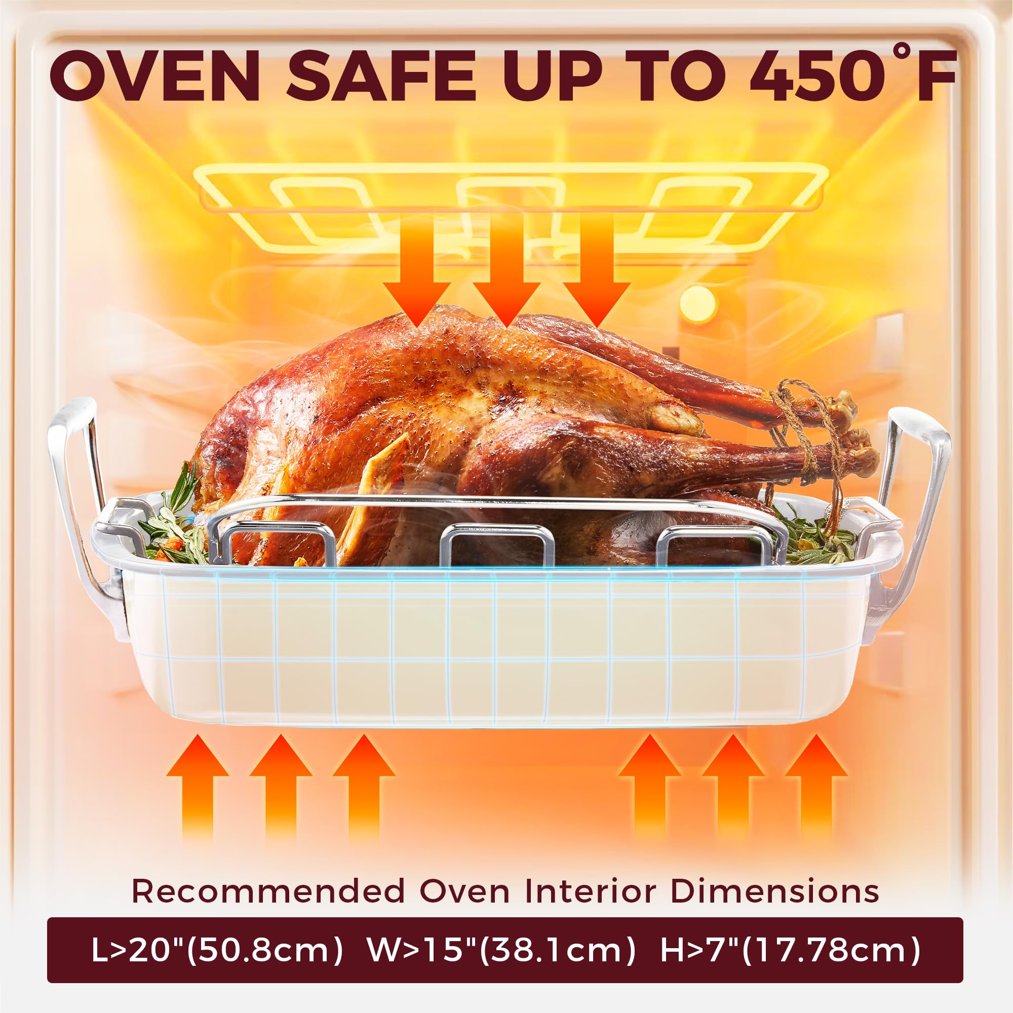 HONGBAKE Ceramic Coated Nonstick Large Turkey Roasting Pan with Rack (U-Shaped), 18.7×13.6 Inch Deep Roaster Pan for 25 lb Turkey & Chicken, Wider Handles, Non Toxic, PFOA & PTFE-Free, Cream & Gray