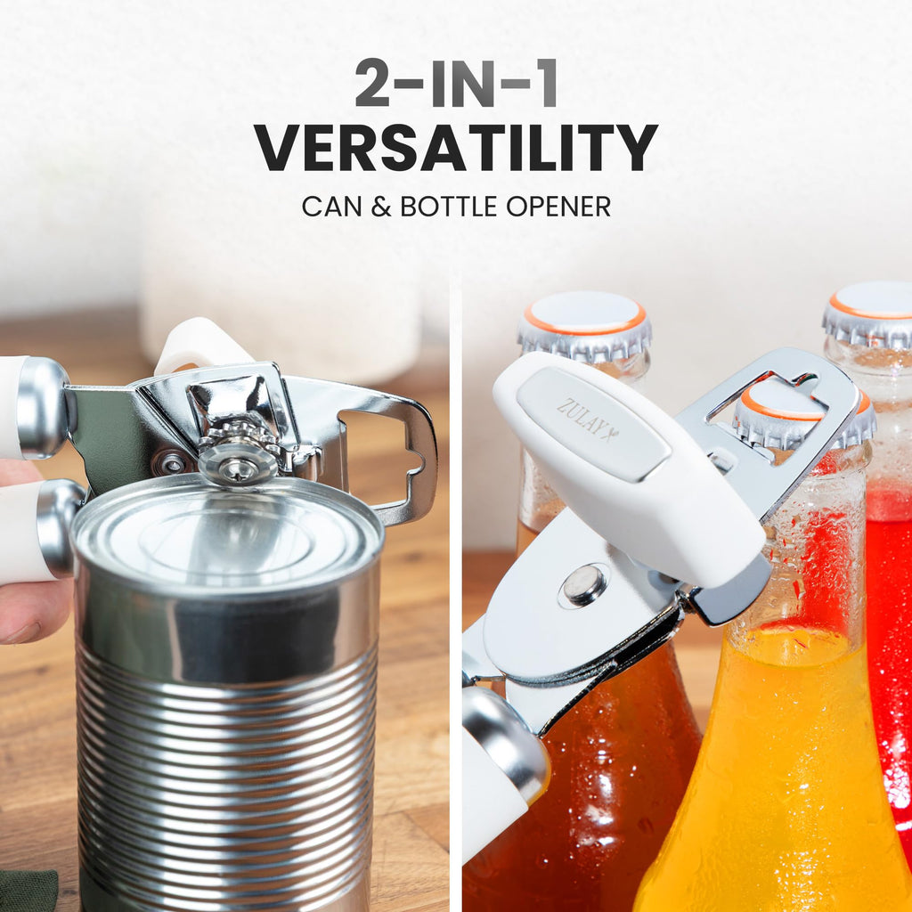 Zulay Kitchen COMFY™ Can Opener Manual with Bottle Opener - Rust Proof Stainless Steel Manual Can Opener With Turn Knob & Comfy Soft Grip Handles - Black
