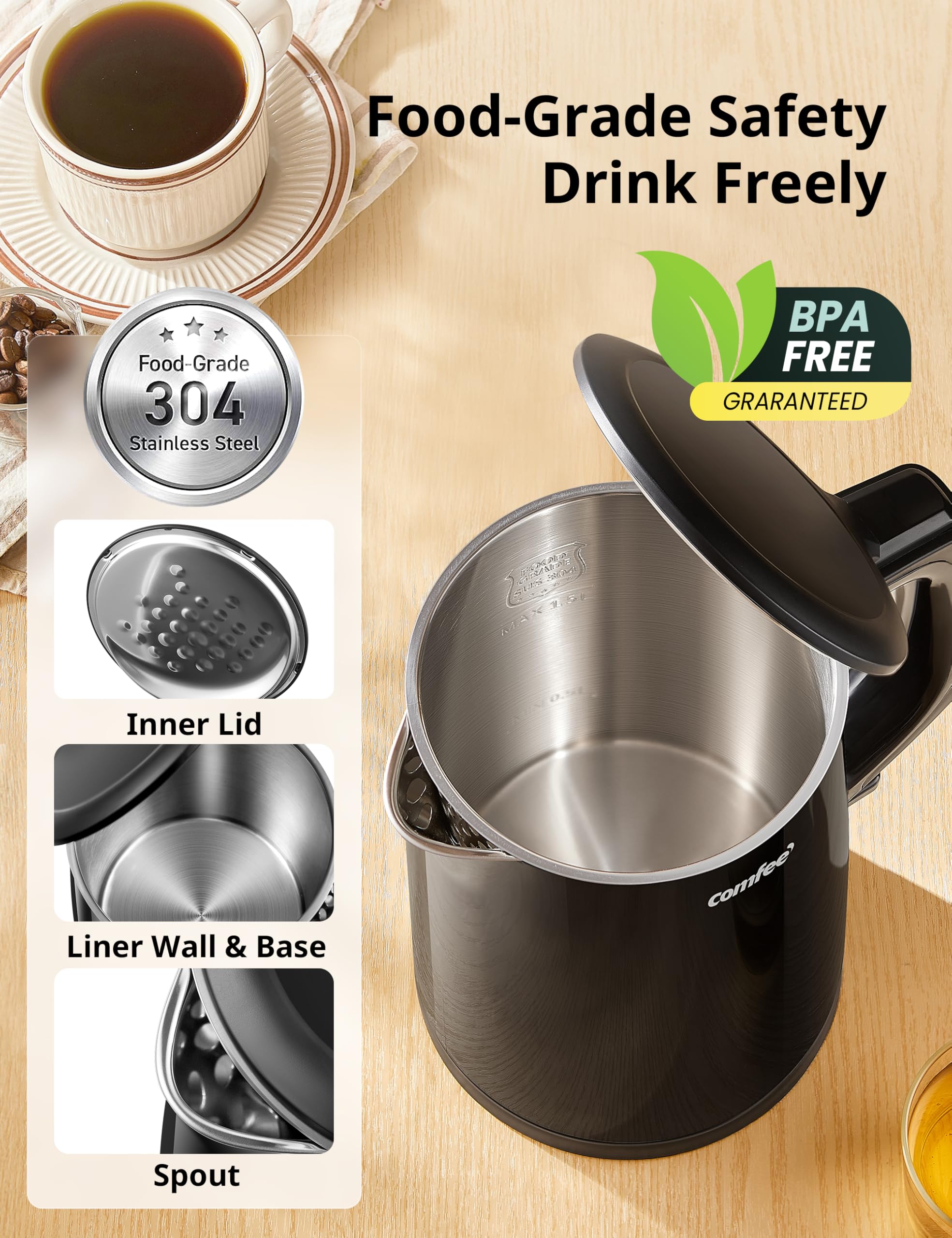 COMFEE' Stainless Steel Electric Kettle, 1.7 Liter Tea Kettle Electric & Hot Water Kettle, 1500W Fast Boil with LED Light, Auto Shut-Off and Boil-Dry Protection