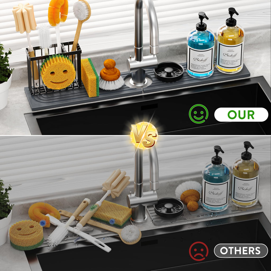 Cisily Tapete de diatomita para grifo de cocina con soporte para escobillas, absorbente para encimera de secado de piedra, área de protección contra salpicaduras de agua, detrás del fregadero de la cocina, organizador de accesorios de decoración