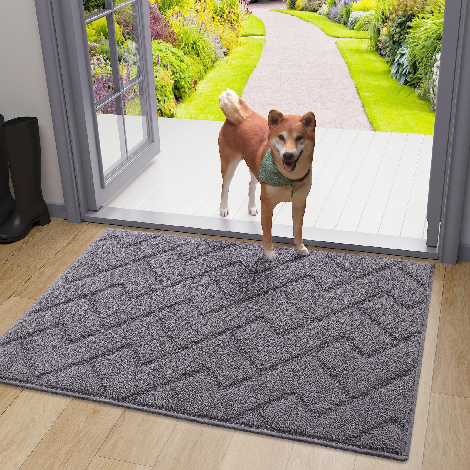 OLANLY Indoor Door Mat, 32x20, Dirt Resistant and Absorbent, Sturdy Non-Slip Rubber Backing, Easy to Clean, Washable Low-Profile Doormat for Entryway, Grey