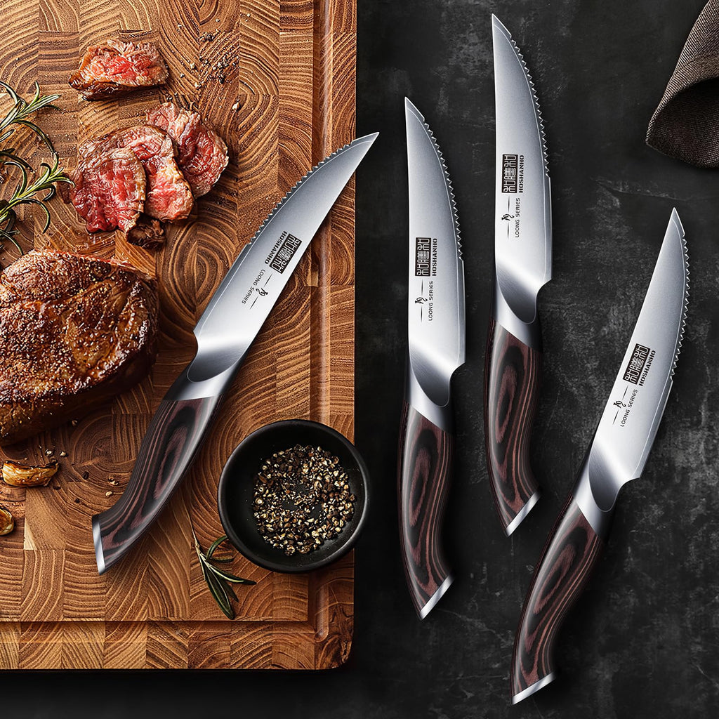 HOSHANHO Steak Knives Set of 6, Ultra Sharp 4.5 Inch Serrated Steak Knife Set, Japanese High Carbon Steel Kitchen Steak Knives with Ergonomic Handle