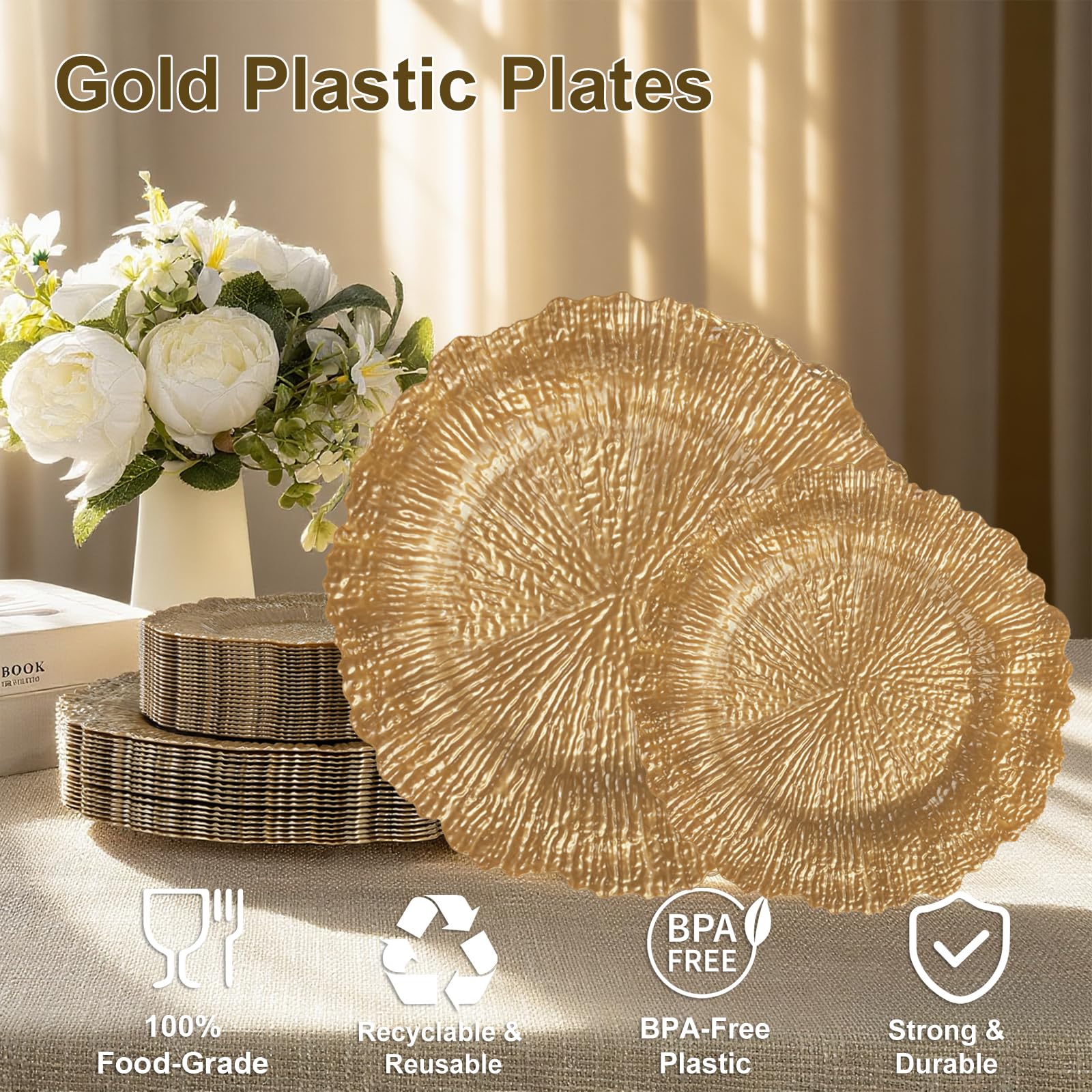 DaYammi 60Pcs Gold Plastic Plates-Elegant Gold Plates Disposable & Reusable-Heavy Duty Plastic Plates for Party Including 30 Dinner Plate, 30 Dessert Plate for Weddings,Dinner Parties