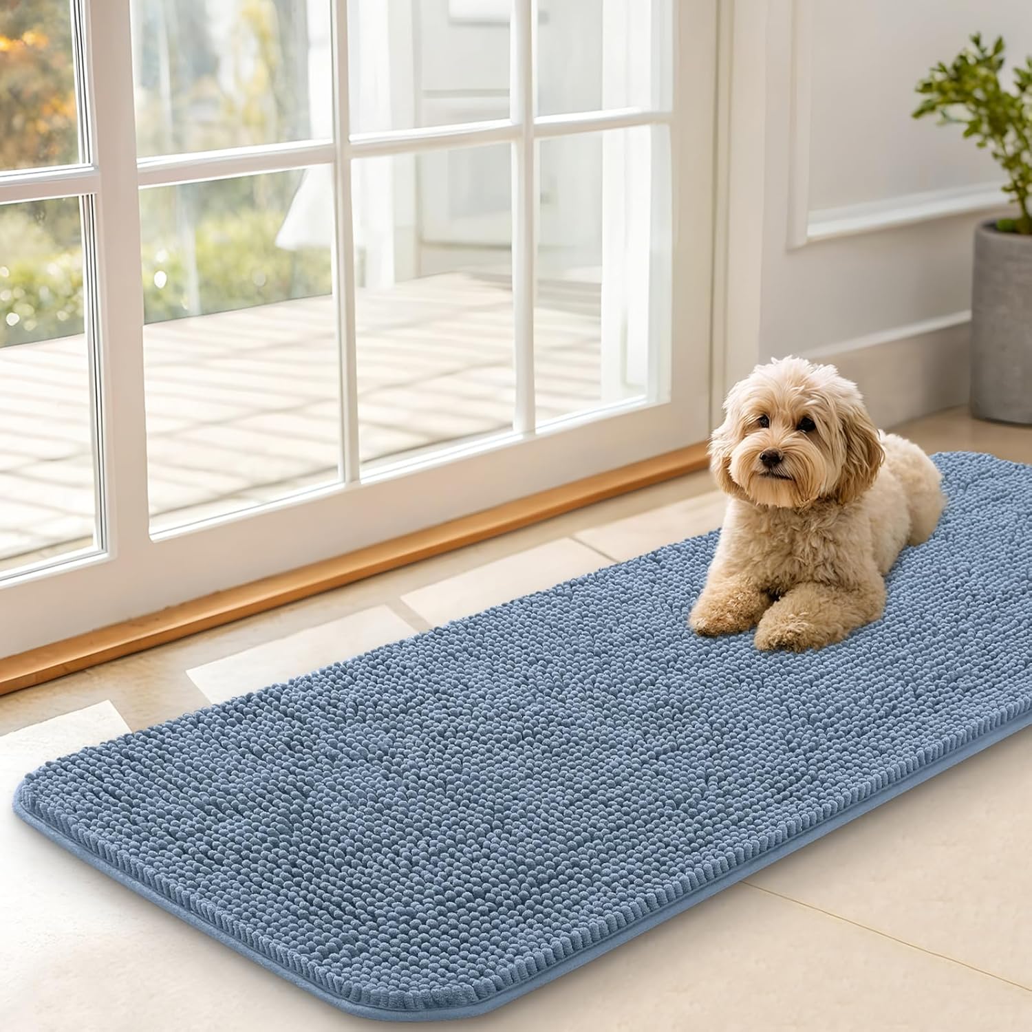 OLANLY Dog Door Mat for Muddy Paws 48x30, Absorbs Moisture and Dirt, Absorbent Non-Slip Washable Doormat, Quick Dry Chenille Mud Mat for Dogs, Entry Indoor Entryway Carpet for Inside Floor, Grey