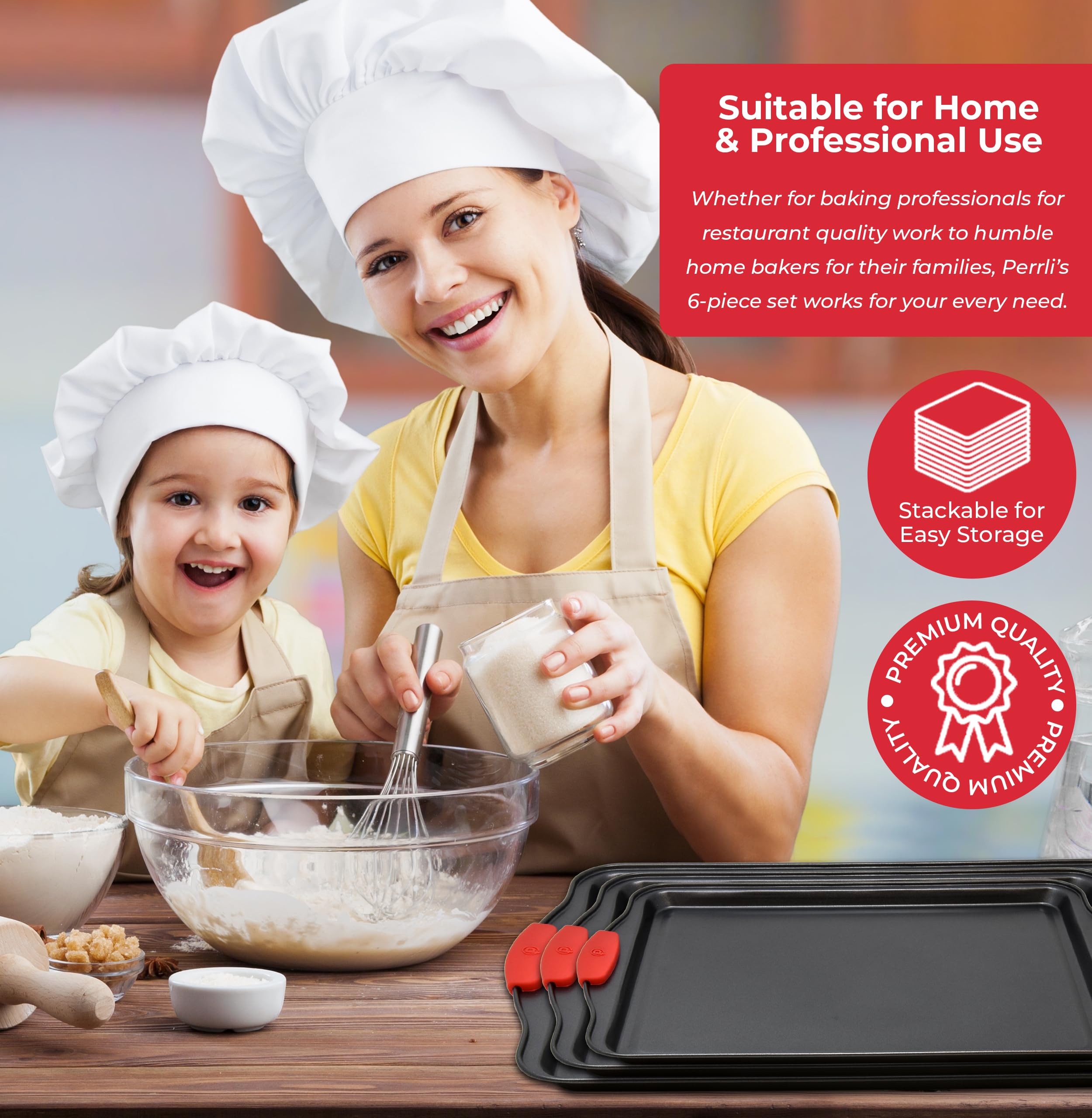 PERLLI Non-Stick 6-Piece Baking Pan Set, BPA-Free Carbon Steel Bakeware Set with Silicone Handles, Stackable Kitchen Oven Set, Cookie Sheet, Baking Tray, Baking Sheet Set, Oven Safe (446°F)