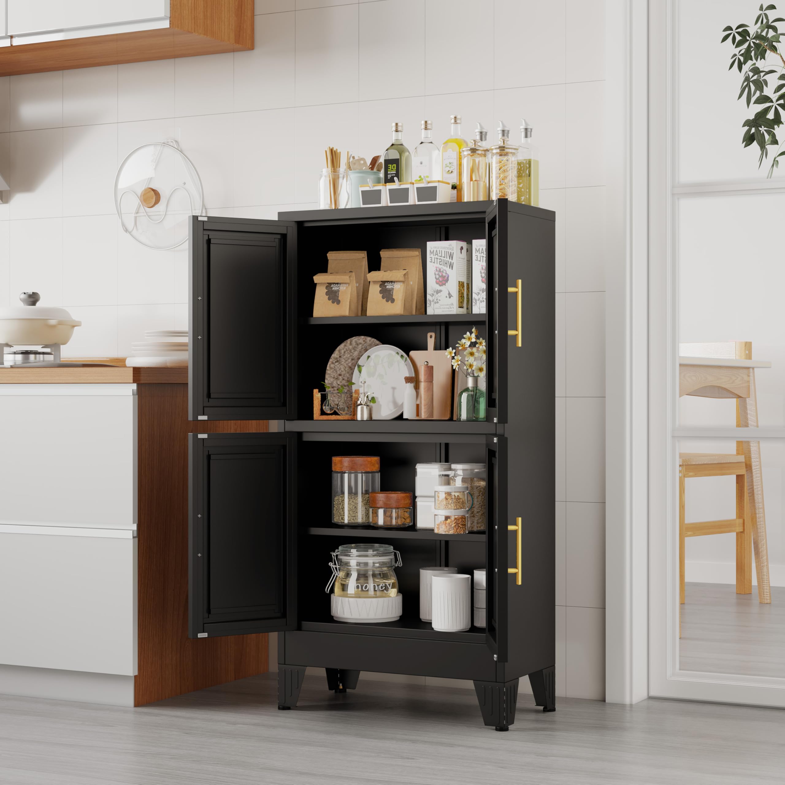 GAIOUS Metal Pantry Cabinet, Kitchen Pantry Storage Cabinets with 2 Door and 3 Adjustable Shelves, White Kitchen Pantry Cabinet, Freestanding Cupboard for Dining Room Living Room Bathroom