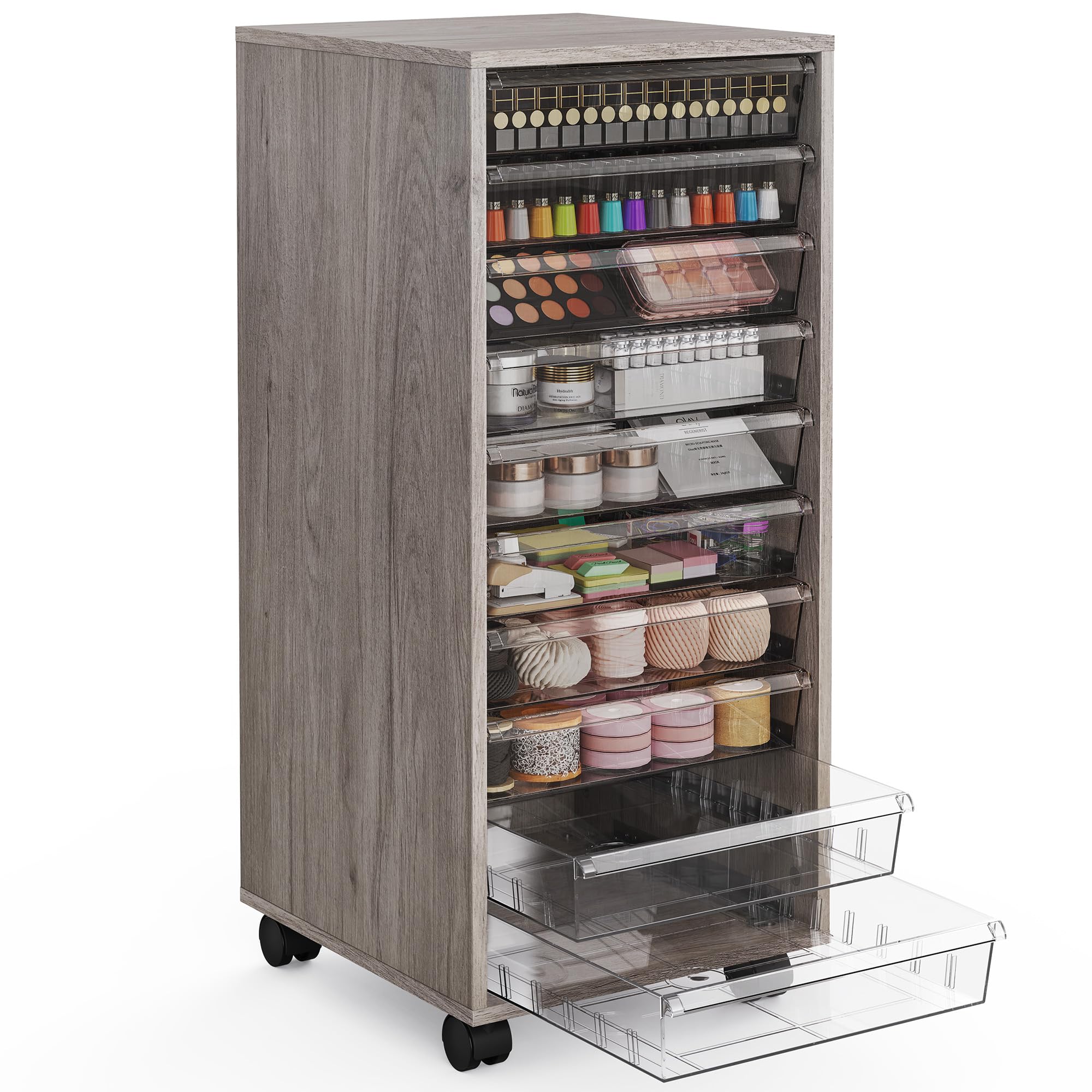 WOPITUES Storage Drawer Cart, Mobile Storage Cabinet, Makeup Storage with 10 Large Clear Drawers, Utility Wooden Rolling Cart on Wheels, for Cosmetic, Art Craft, Office Supplies, Toy, White