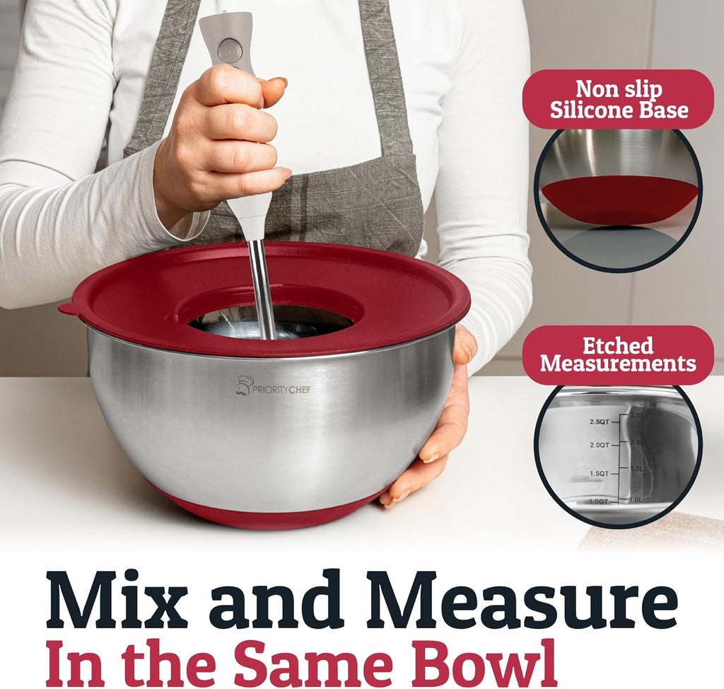 Priority Chef Stainless Steel Mixing Bowls with Lids Set, 3 Grater Attachments, Airtight Lids, Non-Slip Silicone Base Mixing Bowl Set, Large Prep Metal Mixing Bowls for Kitchen, Black