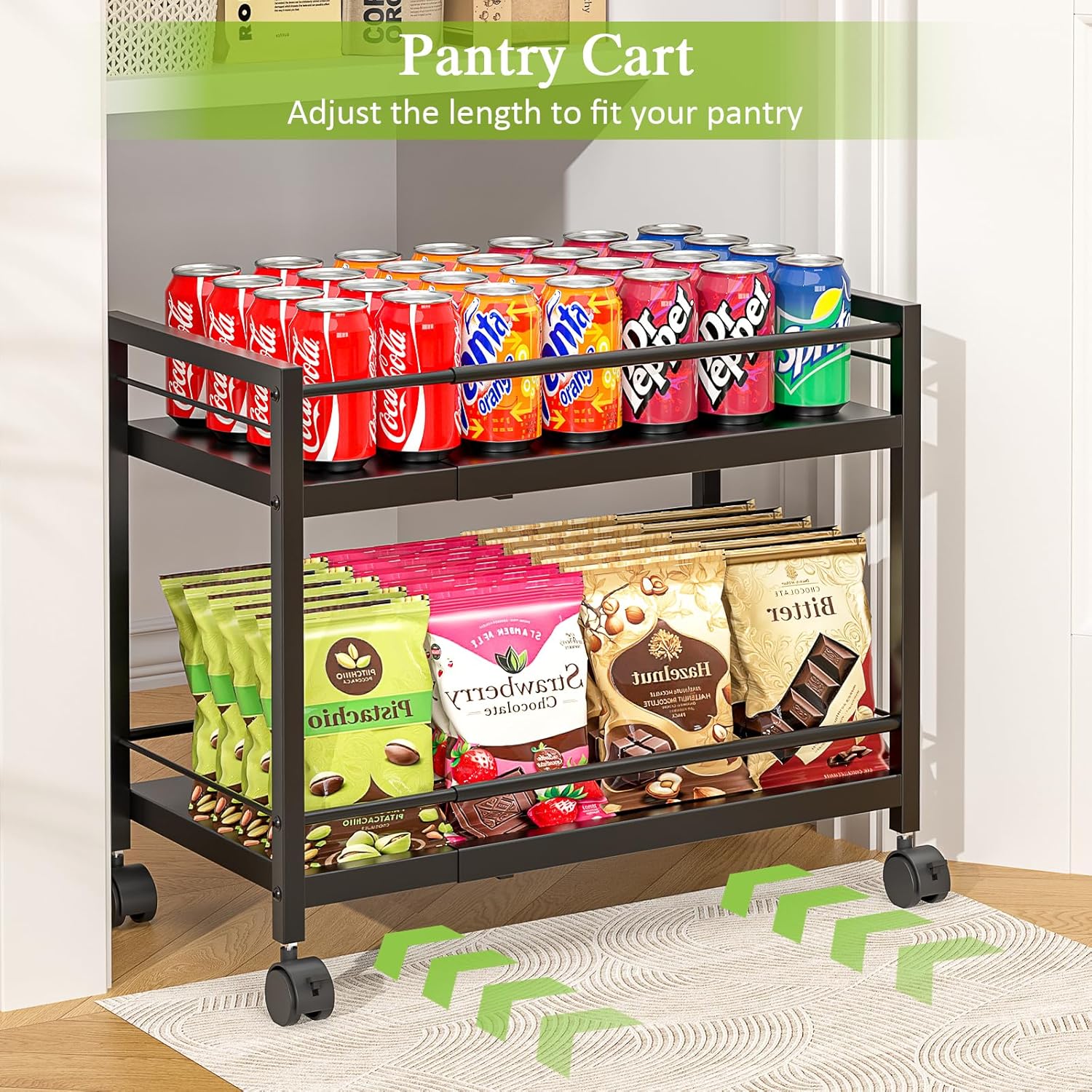 2-Tier 1 Pack Expandable Pantry Floor Organizer Cart, Rolling Pantry Storage Cart with Wheel, Adjustable Can Organizer for Kitchen Pantry, Pantry Shelves and Storage Rack for Snacks, Vegetables, Black