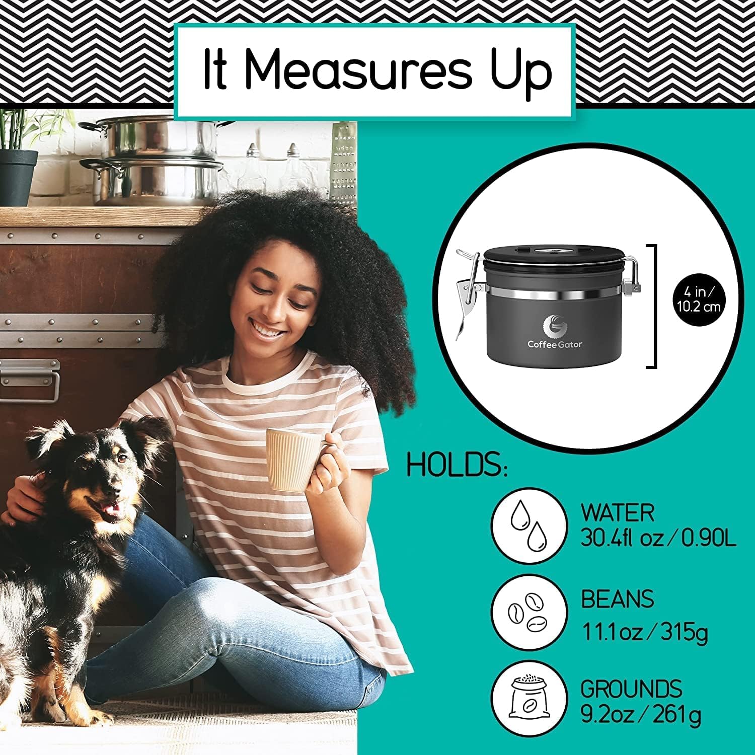 Coffee Gator Stainless Steel Canister - Medium 16oz, Gray Coffee Grounds and Beans Container with Date-Tracker, CO2-Release Valve, and Measuring Scoop - Ideal Coffee Lovers Gifts