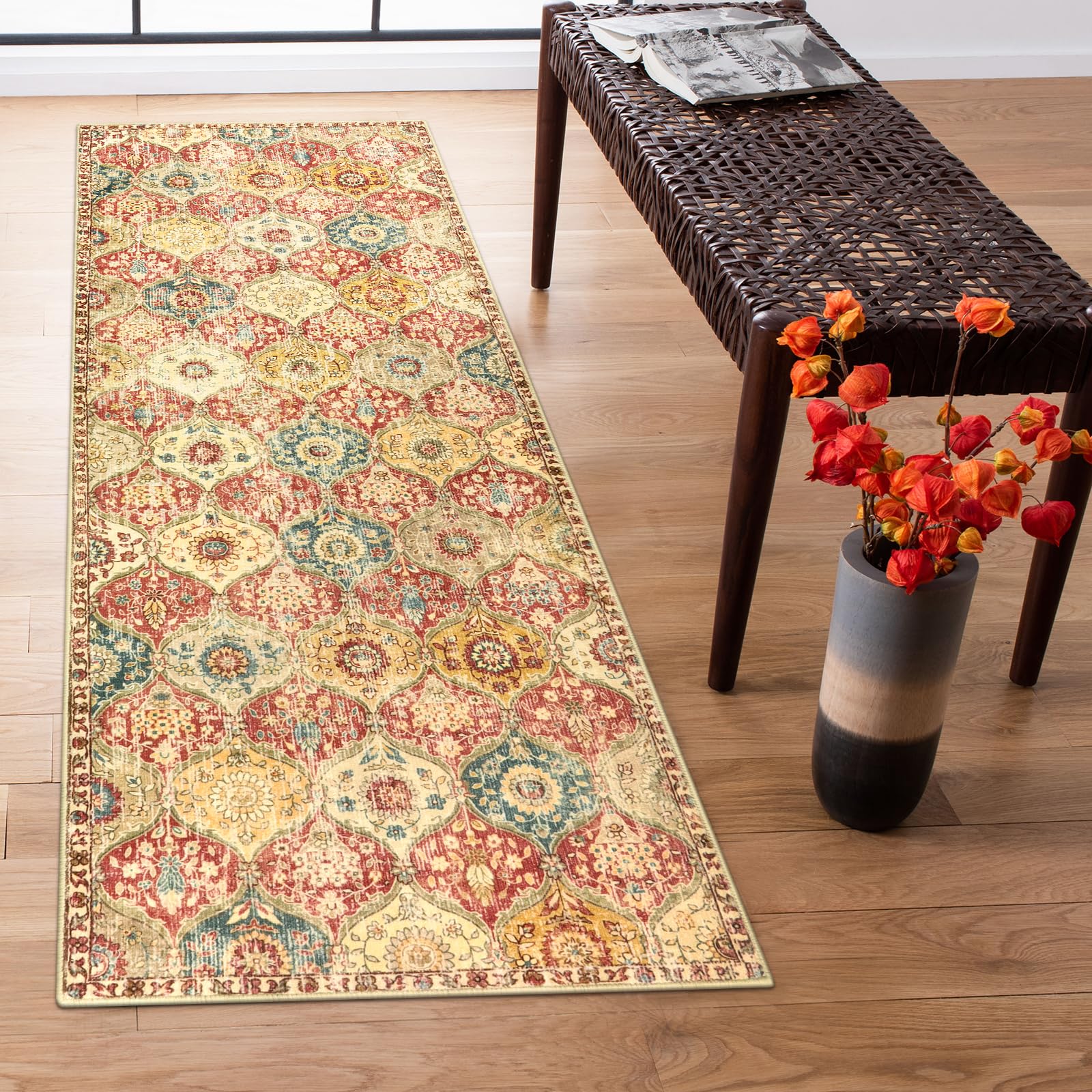 Lahome Moroccan Trellis Washable Rug, 2x3 Kitchen Rugs for Entryway Bathroom, Non-Slip Indoor Door Mat Ultra-Thin, Small Oriental Throw Carpet for Bedroom Entry Elise, Cream/Multi