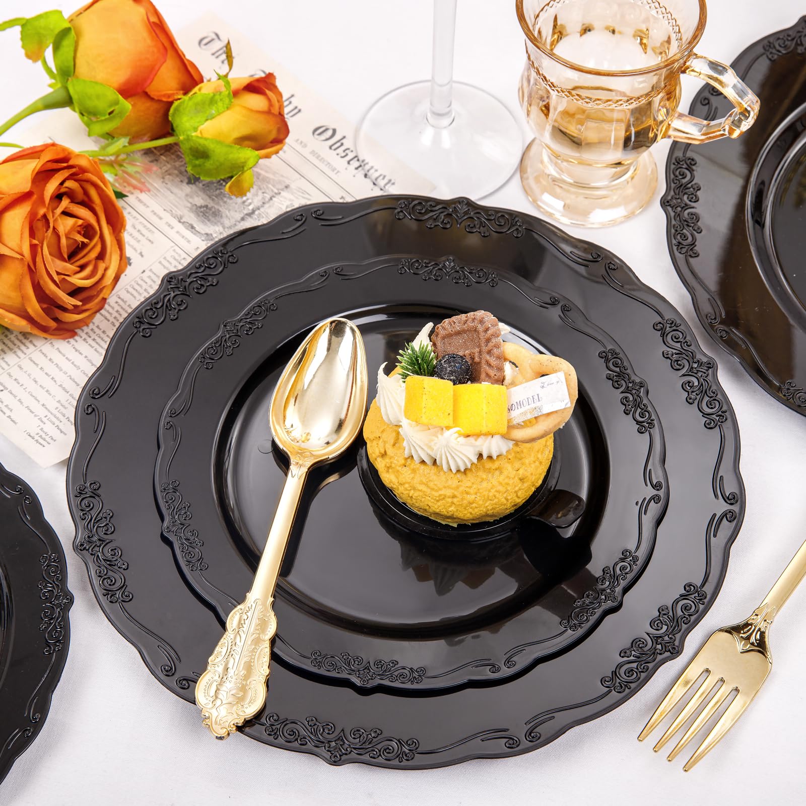 DaYammi 150Pcs Ivory Plastic Plates with Gold Rim,Disposable Plastic Plates Include 30 Dinner Plate,30 Salad Plate,30 Forks,30 Spoons,30 Knives,Ivory and Gold Plates for Party,Wedding,Mother's Day