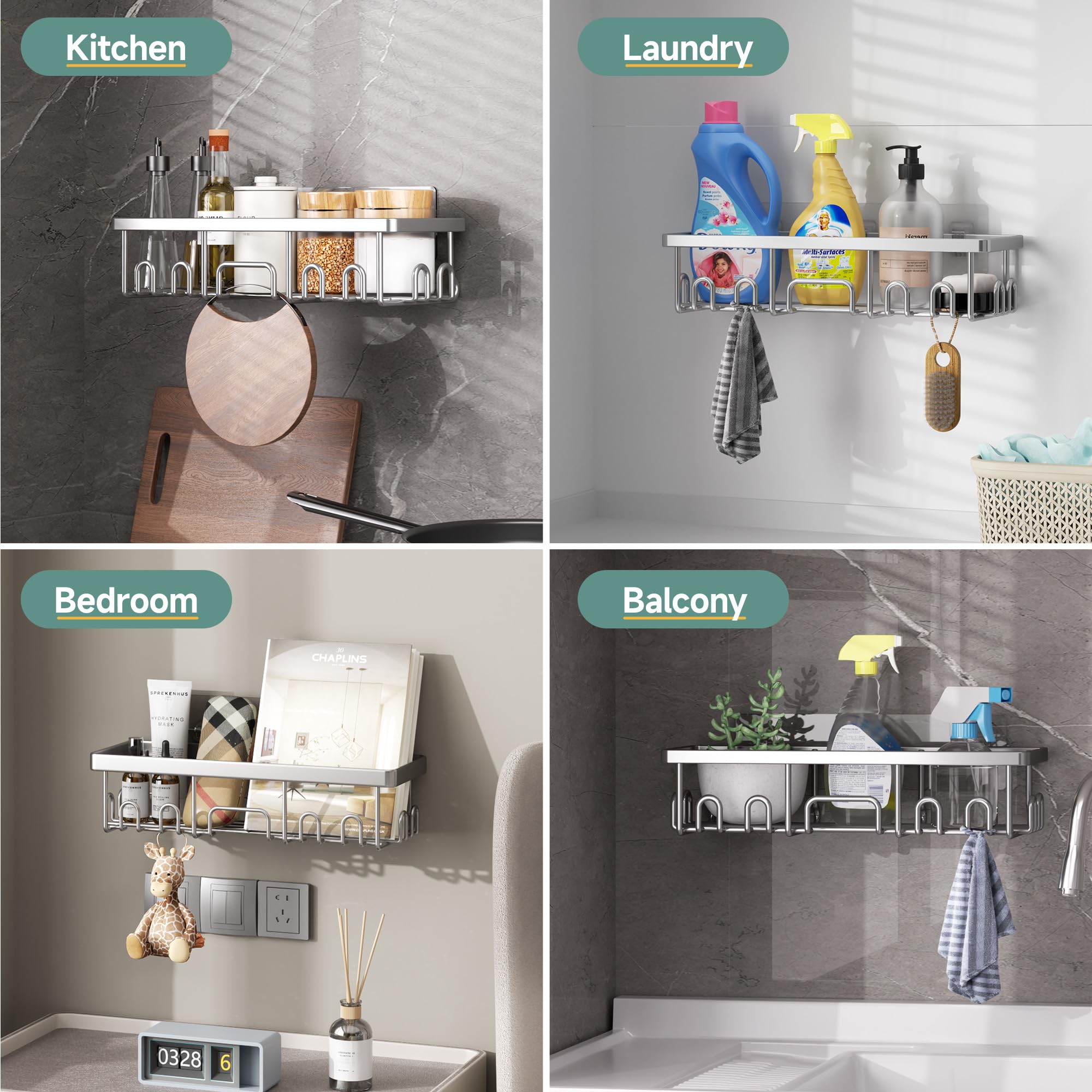 Veken Shower Caddy 6-Pack, Advanced Rustproof Design, No Drilling Adhesive Shelves, Rack with Soap Holder, Large Capacity Bathroom Organizers and Storage, Wall-Mounted Kitchen & Home Decor