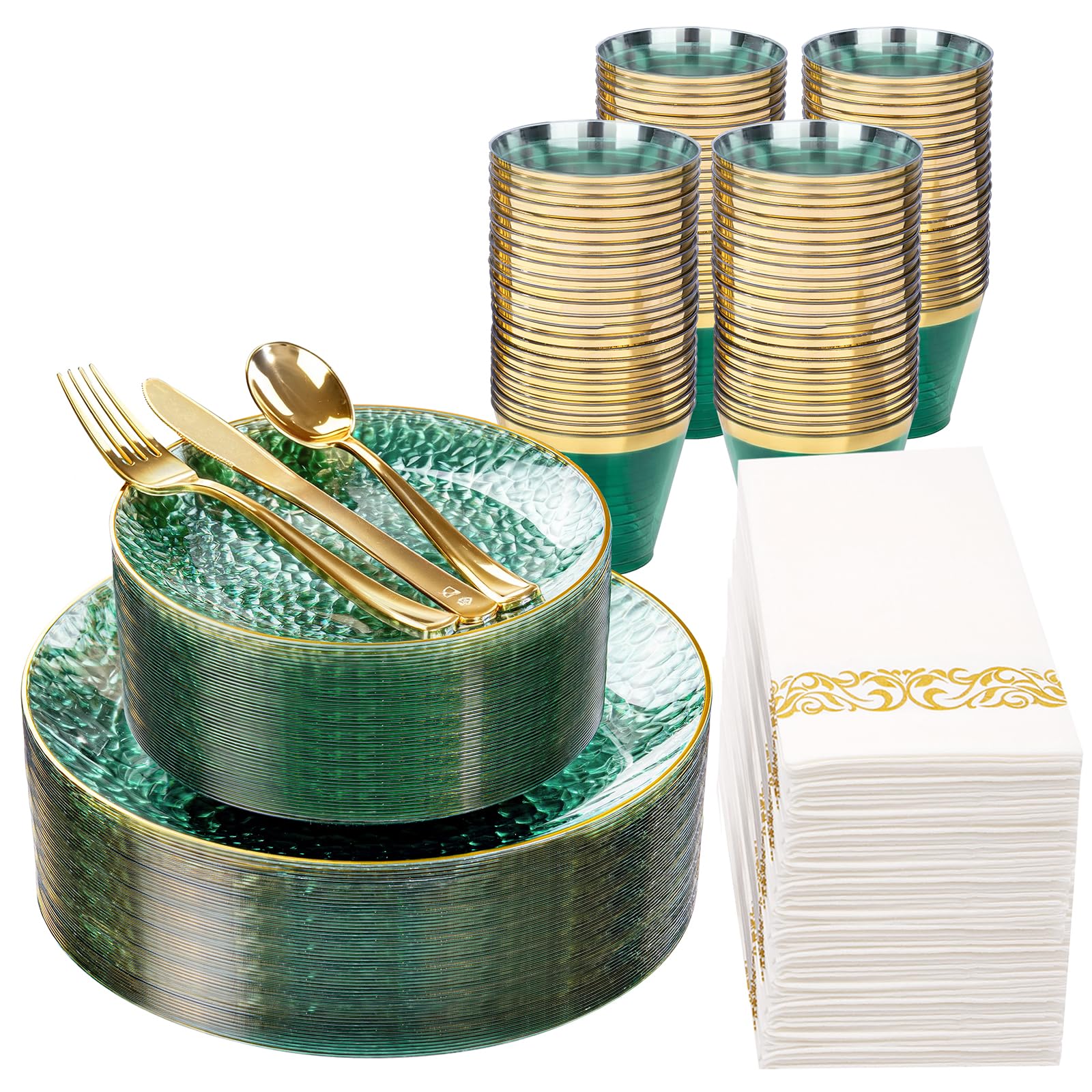 DaYammi 350PCS Clear Gold Plastic Dinnerware Set for 50 Guests, Hammered Disposable Plates for Party, Include: 50 Dinner Plates, 50 Dessert Plates, 150 Gold Silverware, 50 Napkins, 50 Cups
