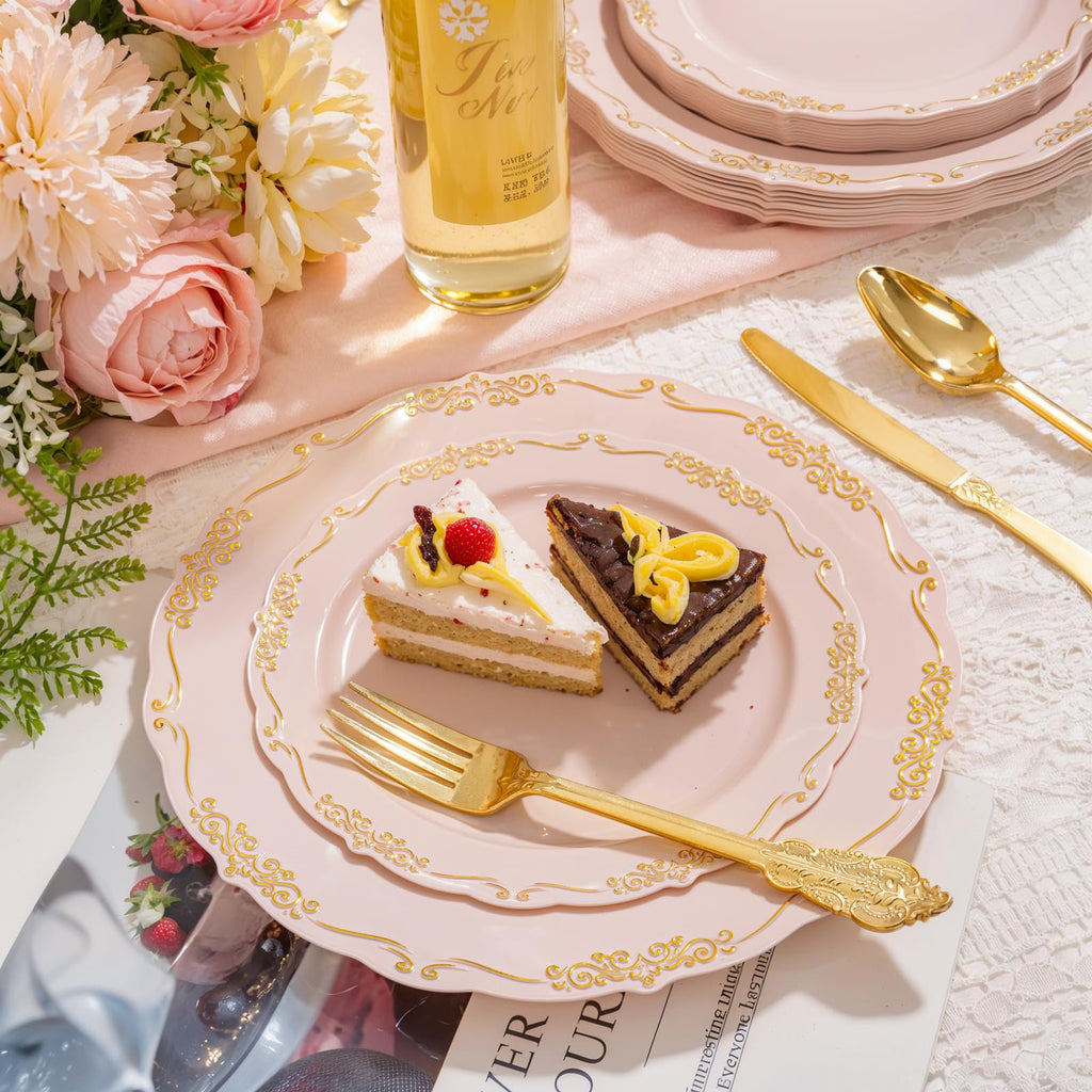 DaYammi 150Pcs Ivory Plastic Plates with Gold Rim,Disposable Plastic Plates Include 30 Dinner Plate,30 Salad Plate,30 Forks,30 Spoons,30 Knives,Ivory and Gold Plates for Party,Wedding,Mother's Day