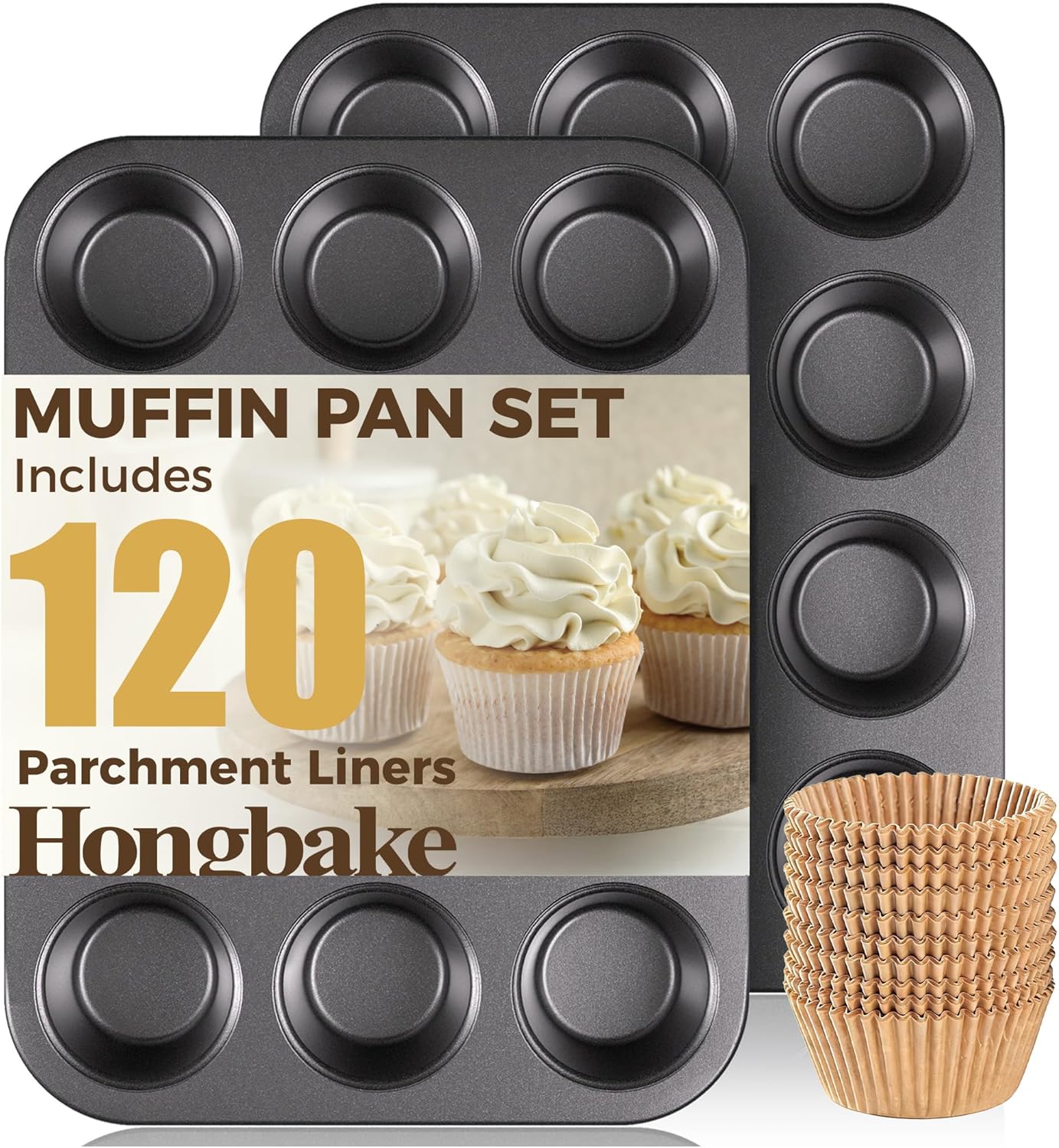 HONGBAKE Muffin Pans with 120 Liners, Cupcake Tins Nonstick 12, Premium Baking Tray, Standard Size, 2 Pack, Dark Grey