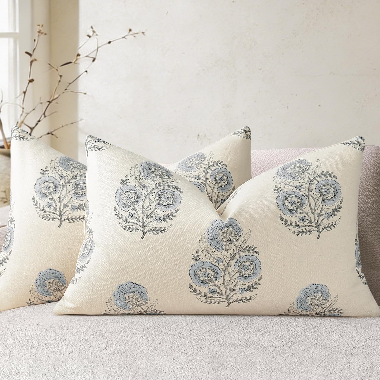 YCOLL Vintage Floral Print Pillow Covers 18x18 Set of 2 Patterned Accent Decorative Cushion Covers Modern Farmhouse Throw Pillow Covers for Sofa Couch Chair Bed Living Room Home Decor, Light Blue