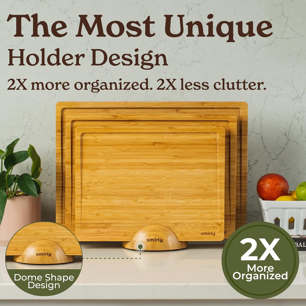 SMIRLY Wooden Cutting Boards For Kitchen Meal Prep & Serving - Bamboo Cutting Board Set with Holder, Charcuterie & Chopping Board, Wood Cutting Board Set, Kitchen Gadgets
