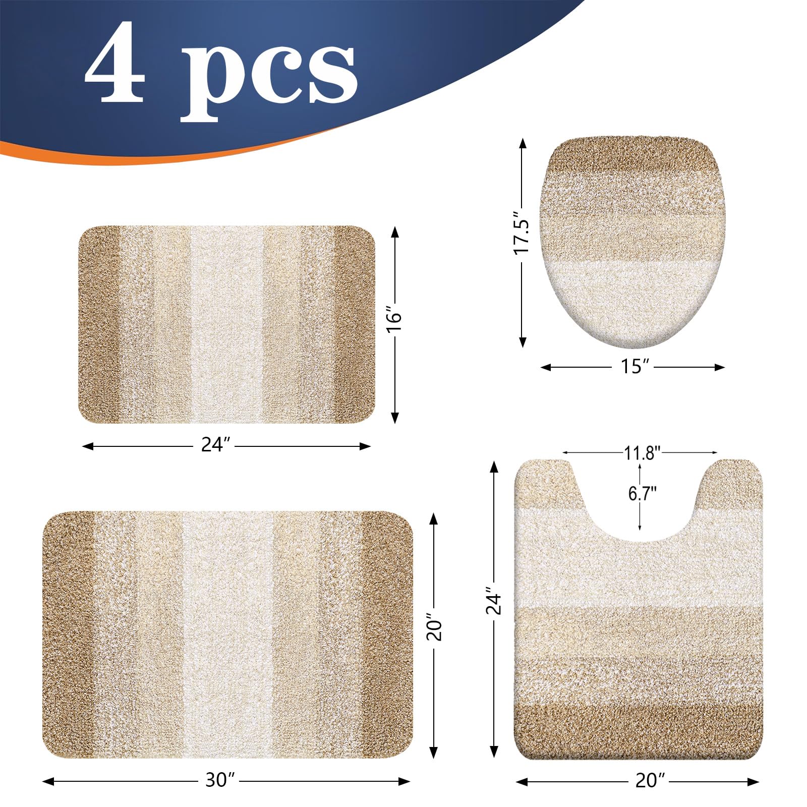 OLANLY Bathroom Rugs Sets 4 piece, Soft Microfiber Absorbent Bath Mat, U-Shaped Contour Toilet Mat and Toilet Lid Cover, Quick Dry, Machine Washable, Toilet Cover and Rug Set for Bathroom, Grey