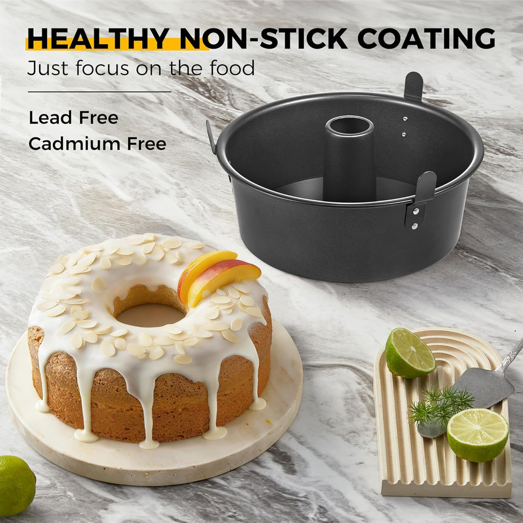 HONGBAKE Angel Food Cake Pan with Removable Bottom, 10 inch Carbon Steel Bundt Cake Pan for Baking, Non-stick Pound Tube Pans for Cakes, 16-Cup, Heavy Duty - Dark Grey