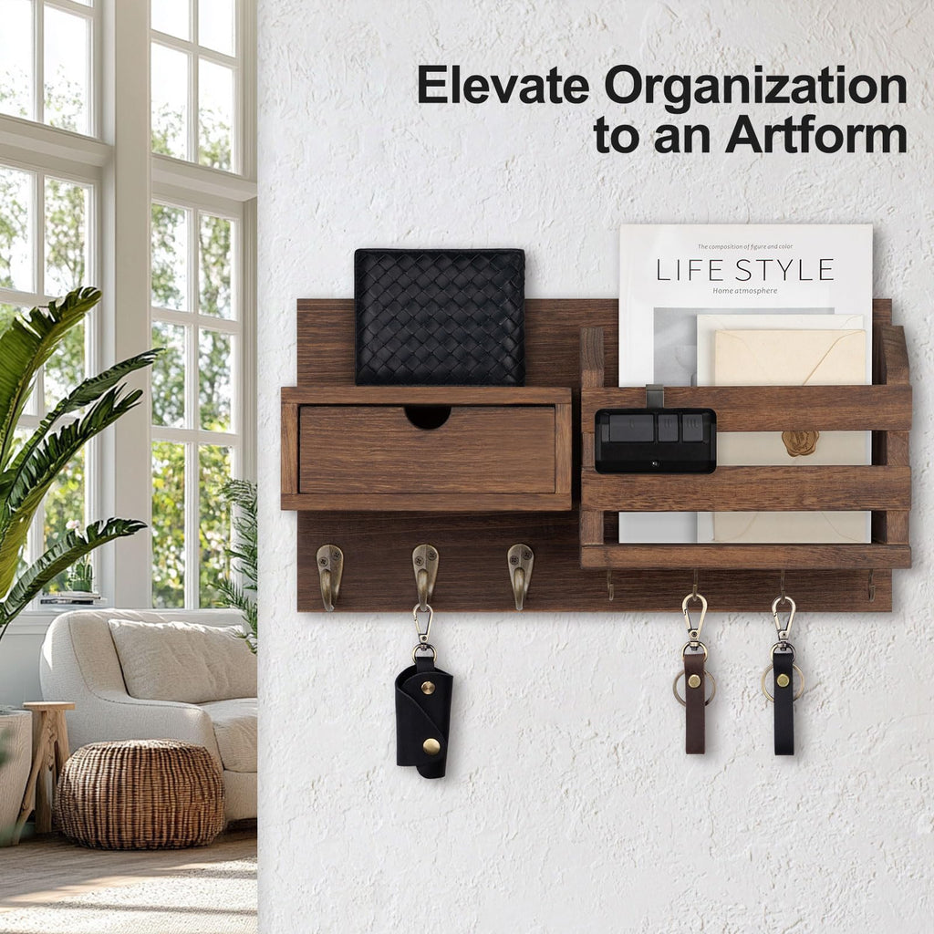 Wall Mount Key Holder with Mail Organizer, 100% Paulownia Wood, 7 Metal Hooks, Storage Drawer, Entryway Home Decor (Brown)