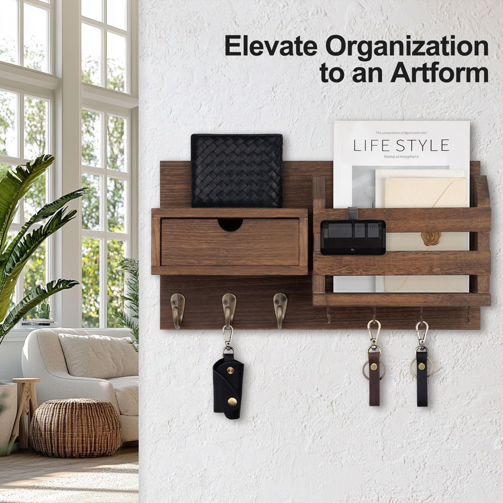 Wall Mount Key Holder with Mail Organizer, 100% Paulownia Wood, 7 Metal Hooks, Storage Drawer, Entryway Home Decor (Brown)
