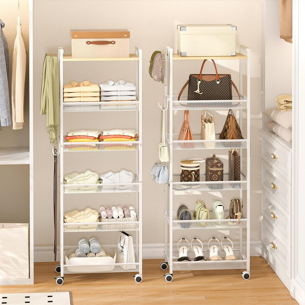 ThreeHio 6-Tier Closet Organizer and Storage Shelf with 12 Hooks, Tall Purse Rack for Closet with Lockable Wheels & Wooden Top, Heavy-Duty Rolling Handbag Stand Rack for Bedroom or Entryway, White