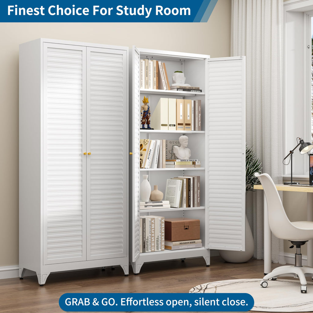 75" Tall Metal Kitchen Storage Cabinet,White Kitchen Pantry Storage Cabinet with Doors and 4 Adjustable Shelves,Utility Cabinet for Living Room,Garage,Dining Room and Office,Assemble Required