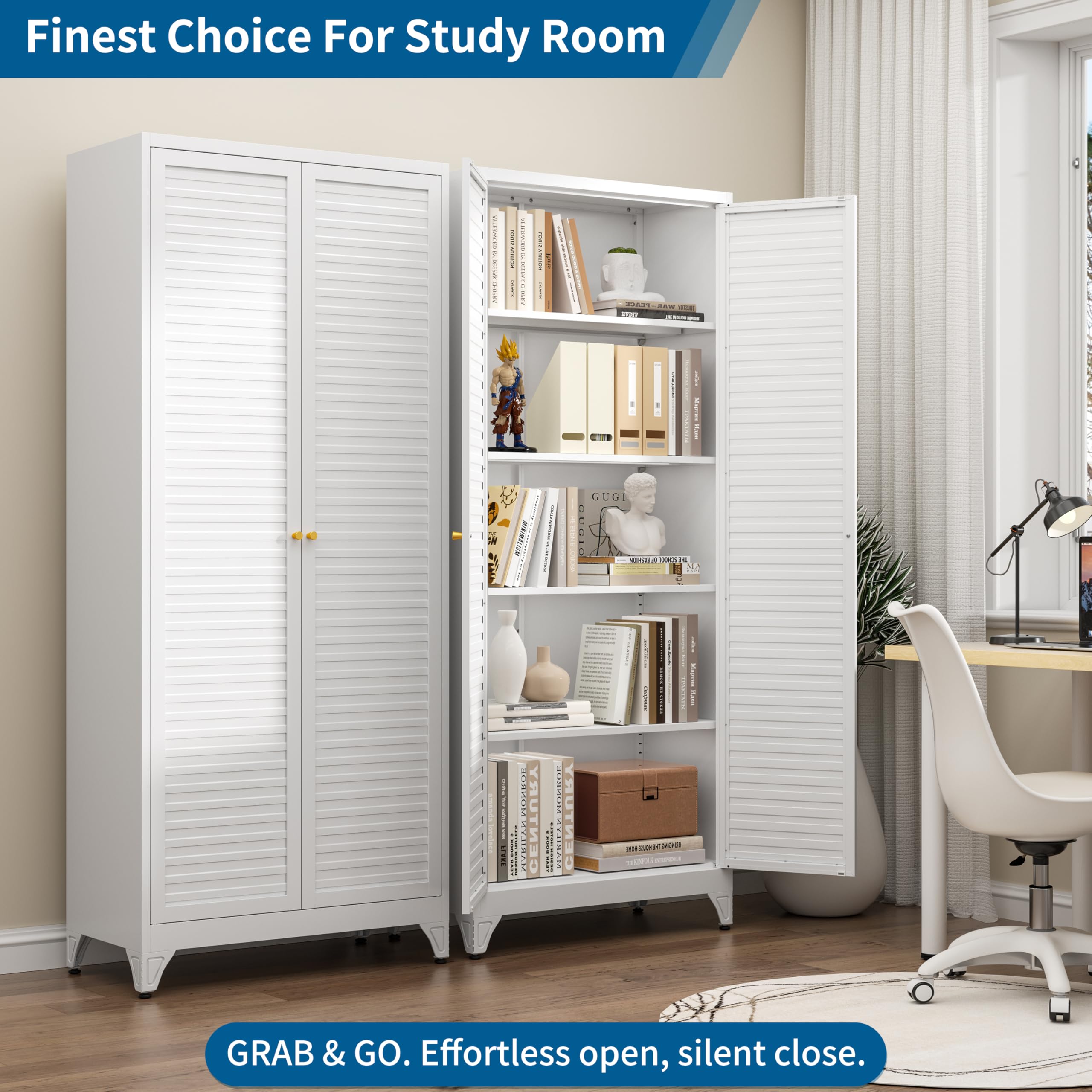 75" Tall Metal Kitchen Storage Cabinet,White Kitchen Pantry Storage Cabinet with Doors and 4 Adjustable Shelves,Utility Cabinet for Living Room,Garage,Dining Room and Office,Assemble Required