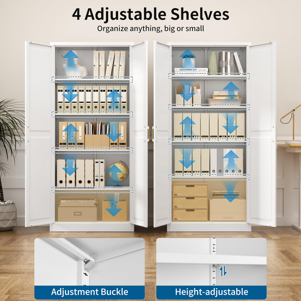 75" Tall Metal Kitchen Storage Cabinet,White Kitchen Pantry Storage Cabinet with Doors and 4 Adjustable Shelves,Utility Cabinet for Living Room,Garage,Dining Room and Office,Assemble Required