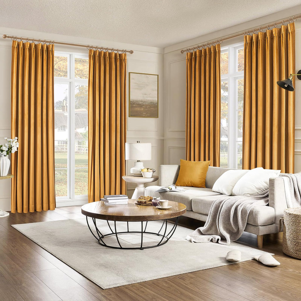Topfinel 108 Inches Long Mustard Yellow Velvet Blackout Curtains for Living Room Large Window, Pinch Pleated Pastel Gold Cold Block Acoustic Floor Length Boho Track Curtains 2 Panels, 9 FT Valentines