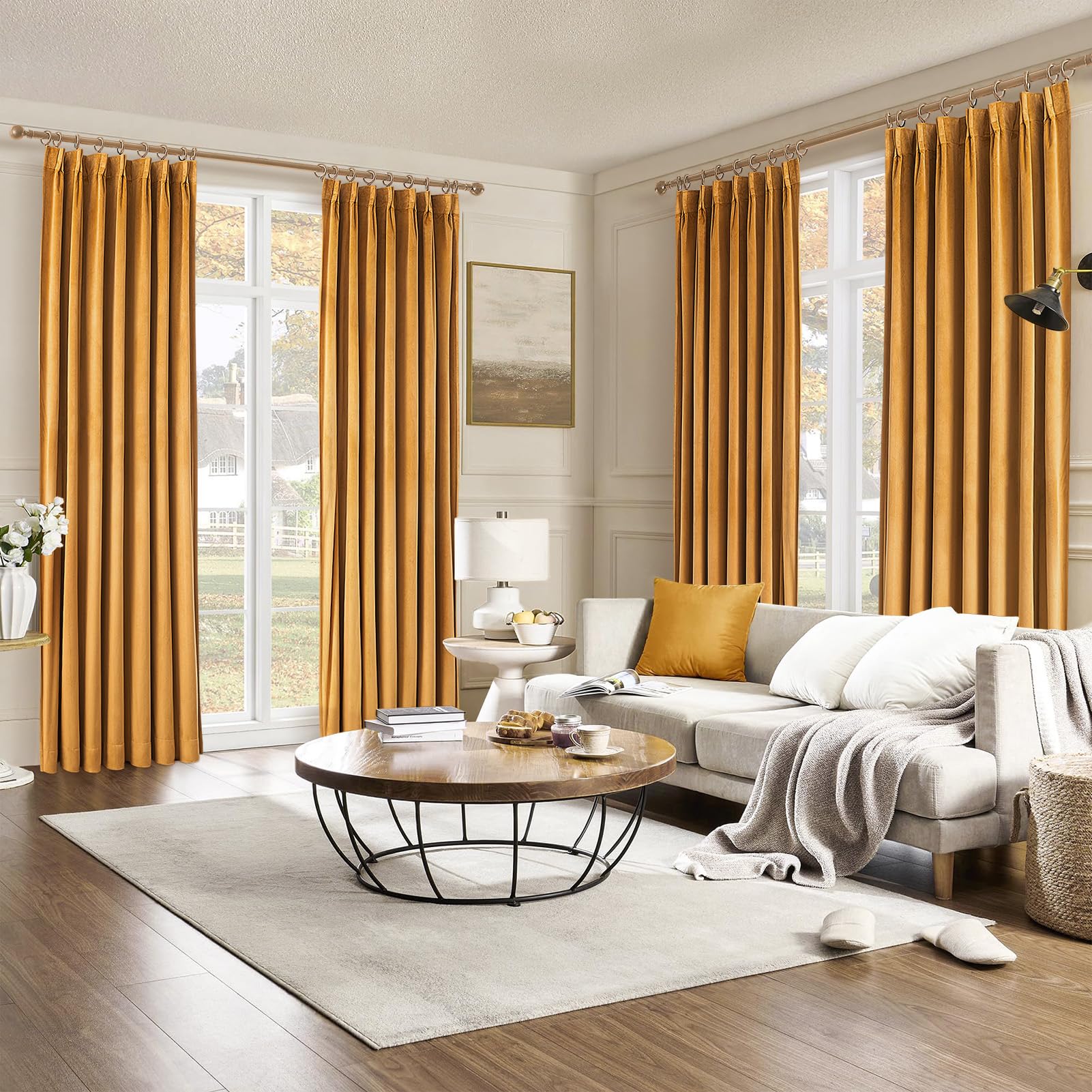 Topfinel 108 Inches Long Mustard Yellow Velvet Blackout Curtains for Living Room Large Window, Pinch Pleated Pastel Gold Cold Block Acoustic Floor Length Boho Track Curtains 2 Panels, 9 FT Valentines