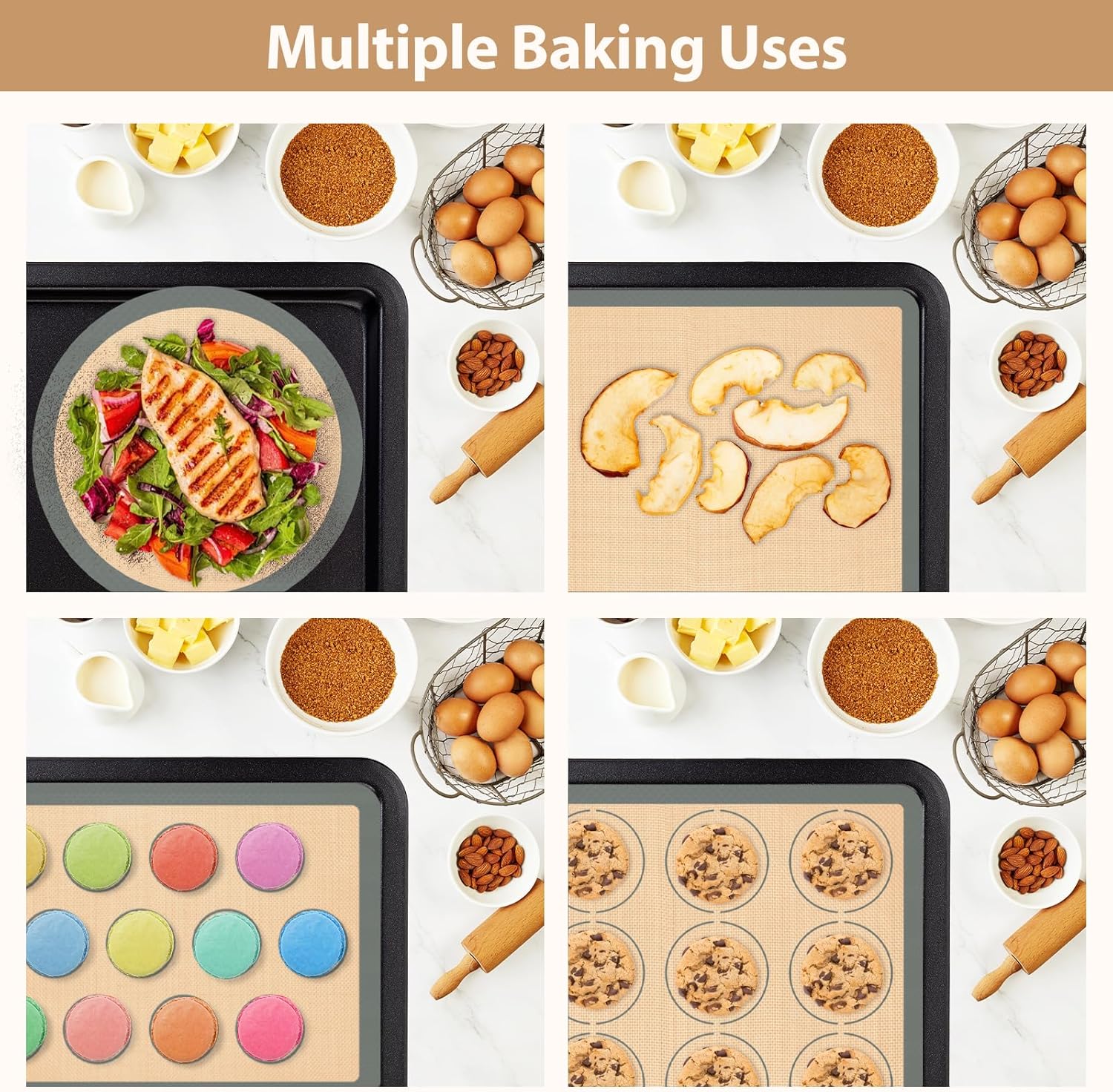 Silicone Baking Mat Set of 4, Nonstick Reusable Macaron Silicone Baking Mat & Round Pizza Mat, Cookie Baking Supplies for Macaroons, Pastry, Pizza, Gray