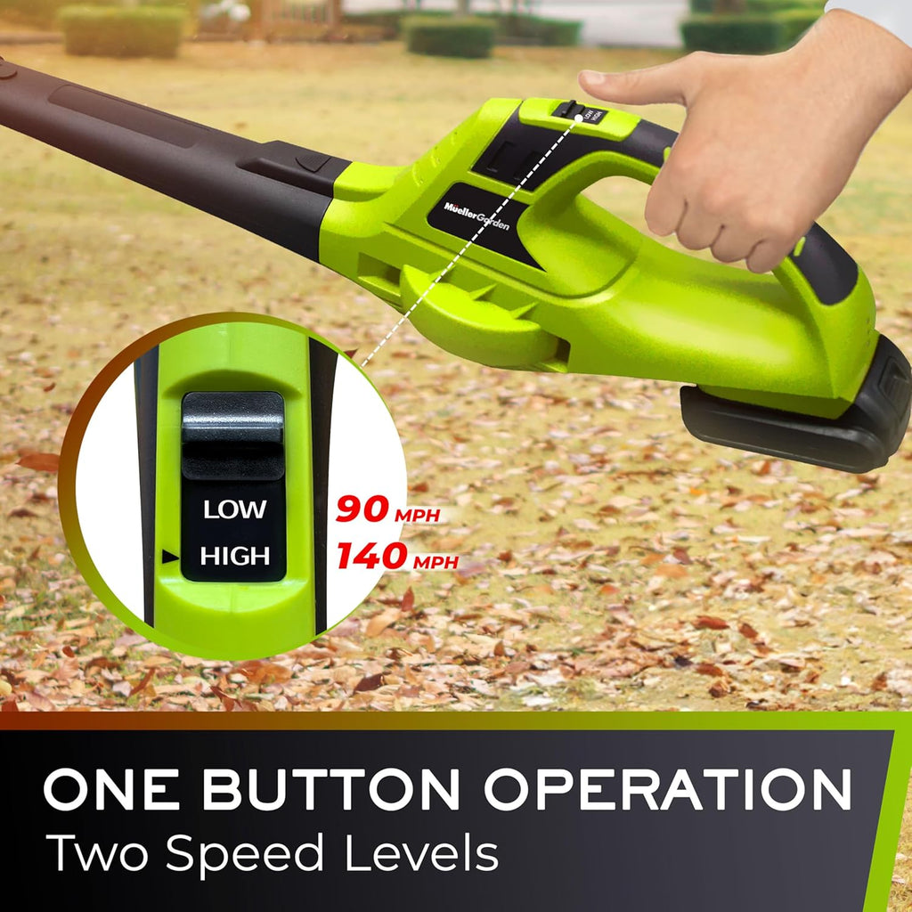 Mueller UltraStorm Leaf Blower Cordless Electric, with 2 Batteries and Charger, 140 MPH 20 V Powerful Motor, 2 Speed Levels, 1hr Charge, Lightweight, Blowers for Lawn Care, Blower for Snow