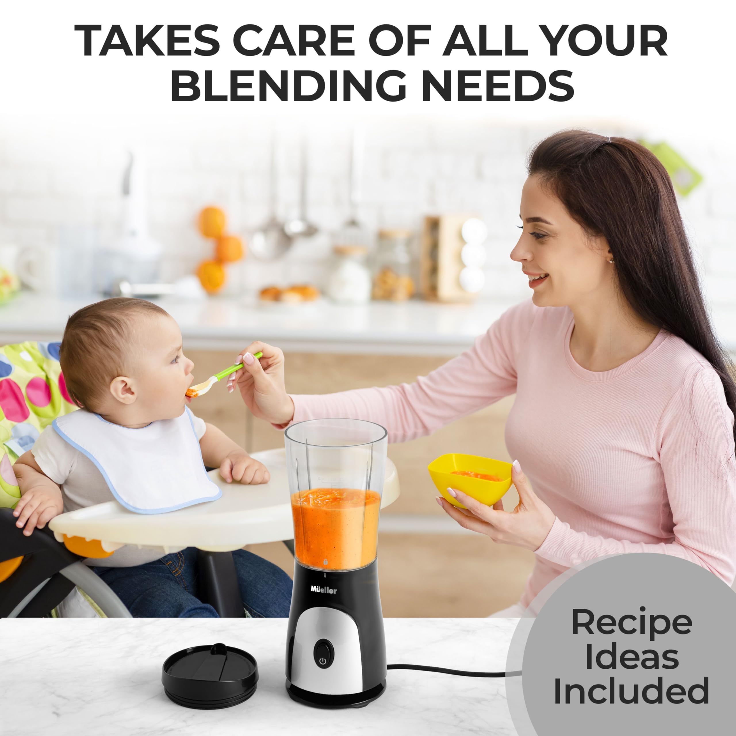 Mueller Smoothie Blender for Smoothies - Personal Blender for Shakes, Frozen Drinks, Baby Food & More, 15oz Travel Cup and Lid, Durable Stainless Steel Blades for Powerful Blending Performance, Black