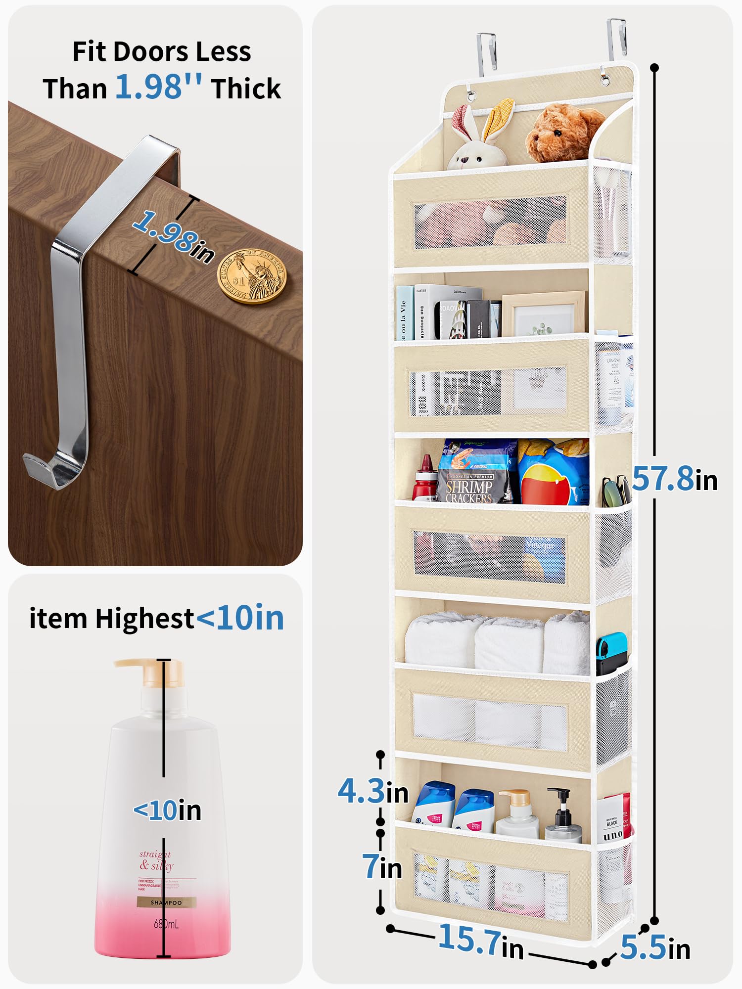 JARLINK Over The Door Organizer Storage, 5 Shelf Hanging Door Organizer with 5 Large Capacity Pockets, Anti Tilt 44 lb Load Behind Door Storage for Bedroom, Bathroom, Pantry, Nursery, (Grey)