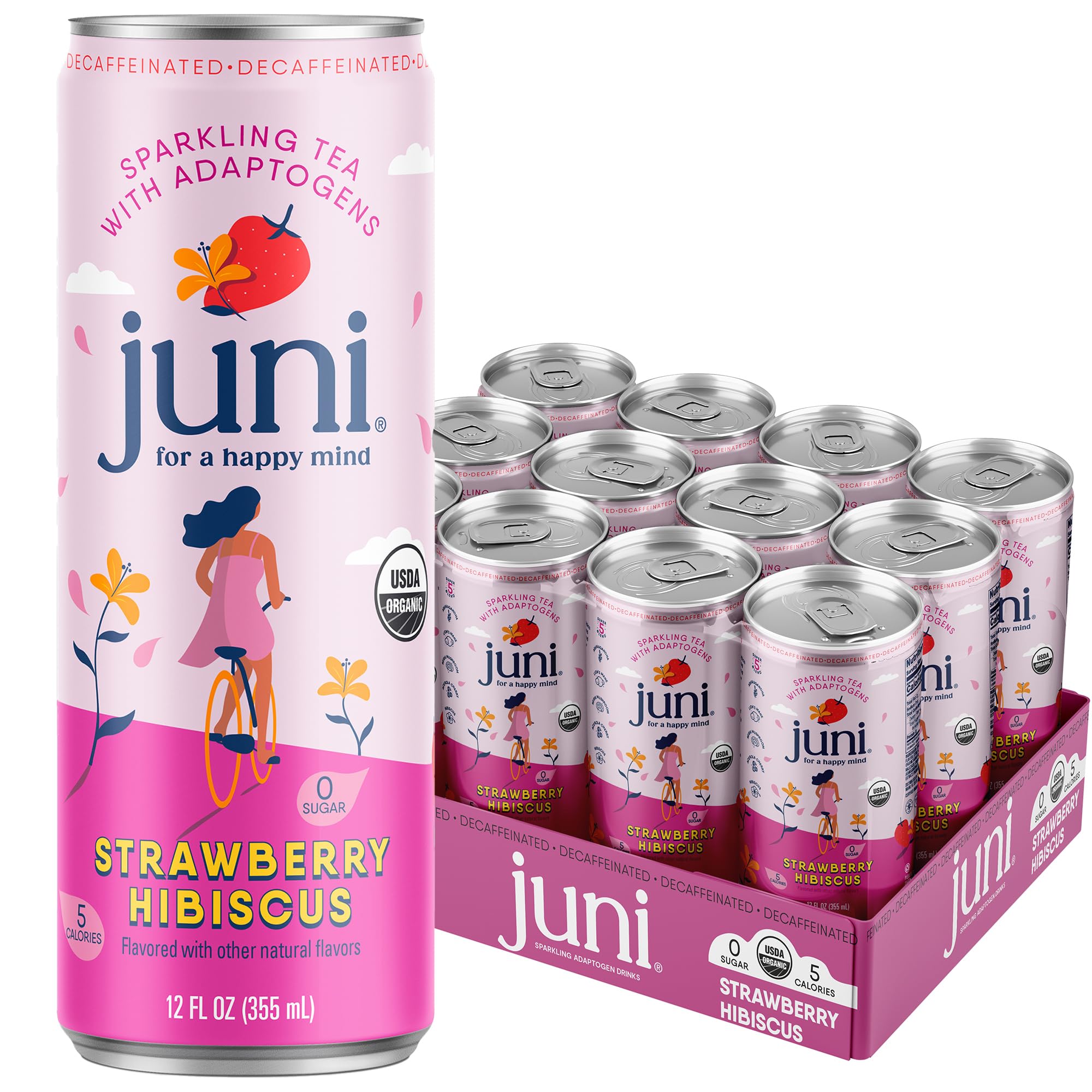 Juni Sparkling Adaptogen Drink with Ashwagandha, Lion’s Mane & Reishi Mushrooms | Green Tea for Focus, Zero Sugar, 5 Calories | Decaffeinated, Non Alcoholic Drinks – Variety Pack (12 Pack)