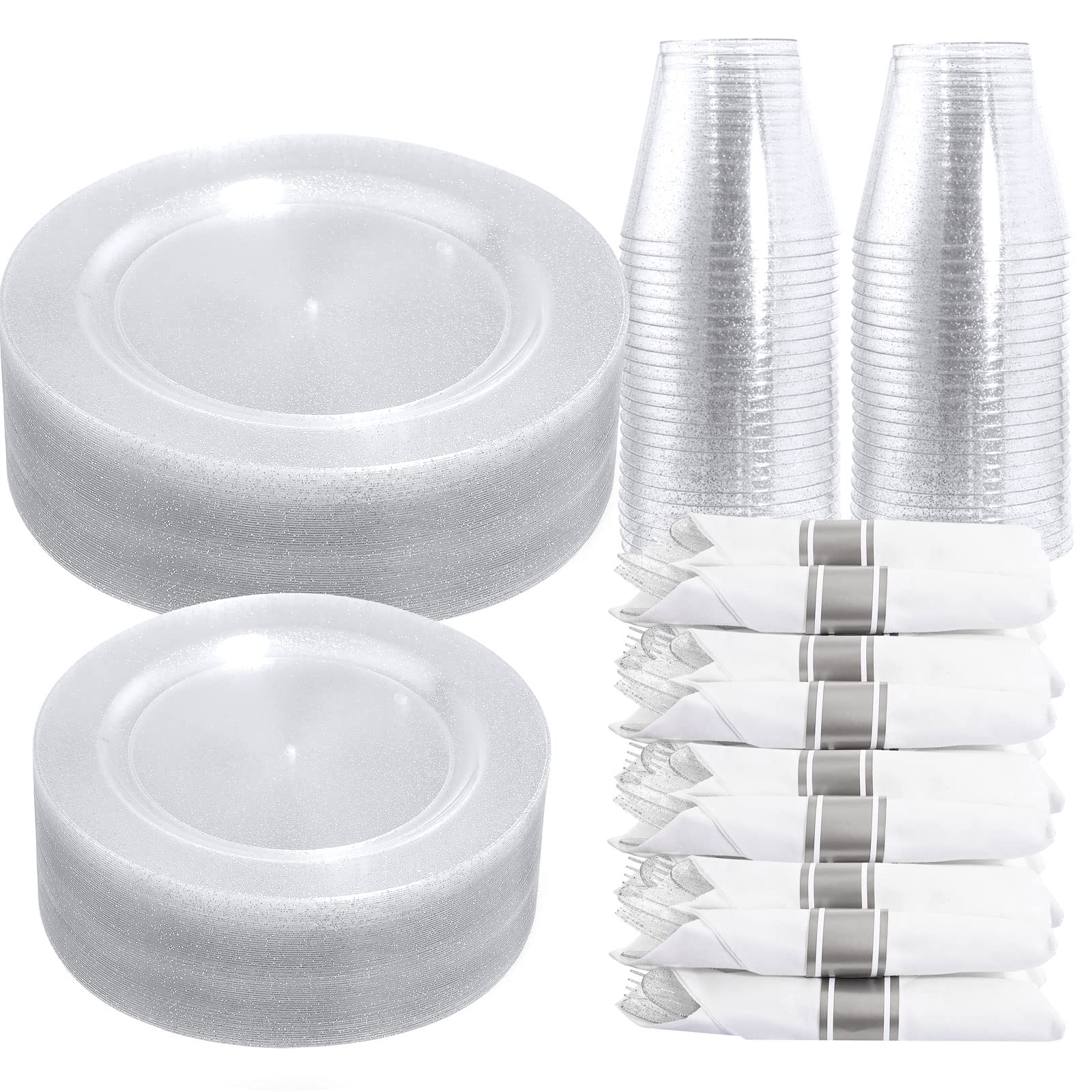 DaYammi 350PCS Gold Plastic Dinnerware Set for 50 Guests, Fancy Disposable Plates for Party, Include: 50 Dinner Plates, 50 Dessert Plates, 50 Pre Rolled Napkins with Gold Silverware, 50 Cups