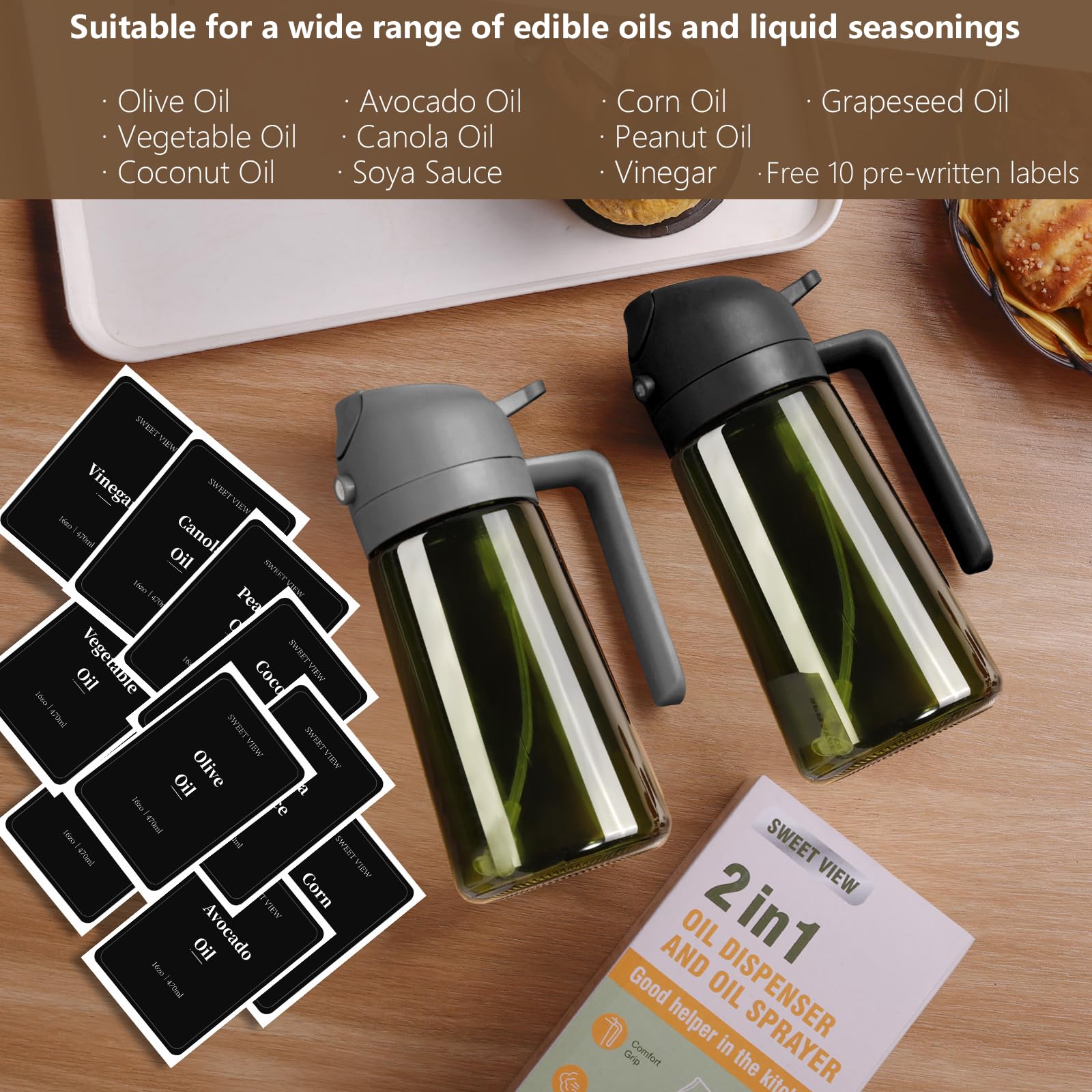 SWEET VIEW Olive Oil Dispenser and Oil Sprayer – 16oz/470ml Glass Light-Proof Oil Pourer for Kitchen, Air Fryer, Cooking, Salad, and BBQ