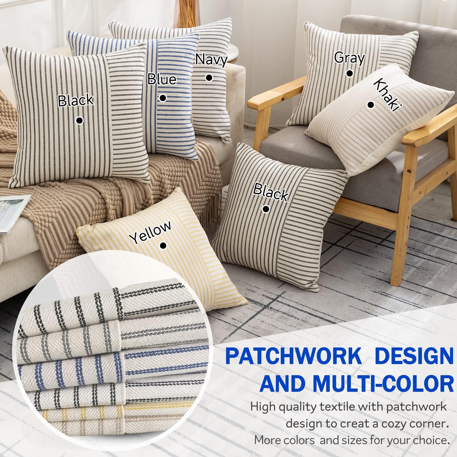 YCOLL Farmhouse Pillow Covers 18x18, Modern Accent Square Throw Pillow Covers Set of 2, Gray and Beige Striped Patchwork Linen Decorative Pillows Cushion Covers for Couch Chair Bedroom Home Decor