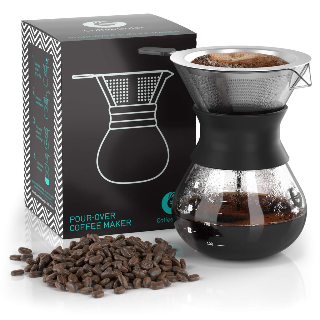 Coffee Gator Pour Over Coffee Maker - 27oz High Heat Borosilicate Glass with Reusable Stainless Steel Filter, Drip Coffee Brewer Dripper Set Carafe, 800ml Clear