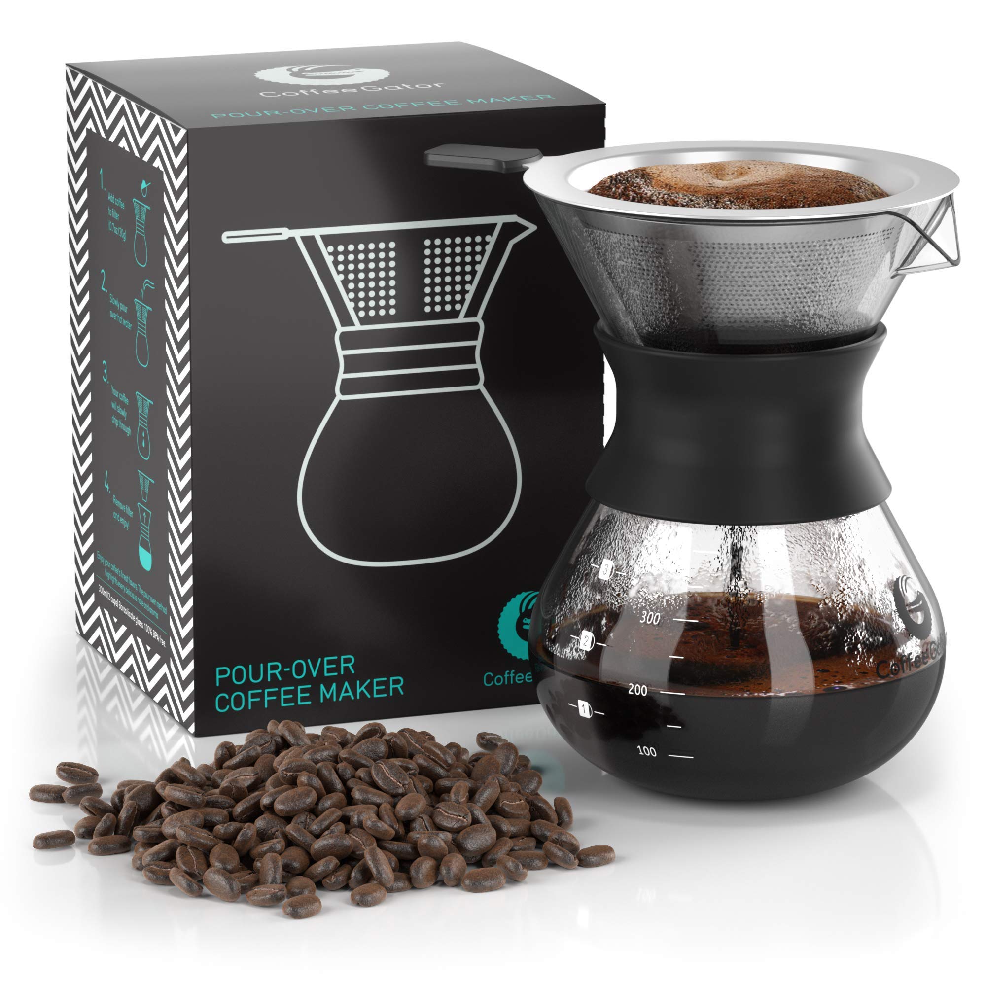 Coffee Gator Pour Over Coffee Maker - 27oz High Heat Borosilicate Glass with Reusable Stainless Steel Filter, Drip Coffee Brewer Dripper Set Carafe, 800ml Clear