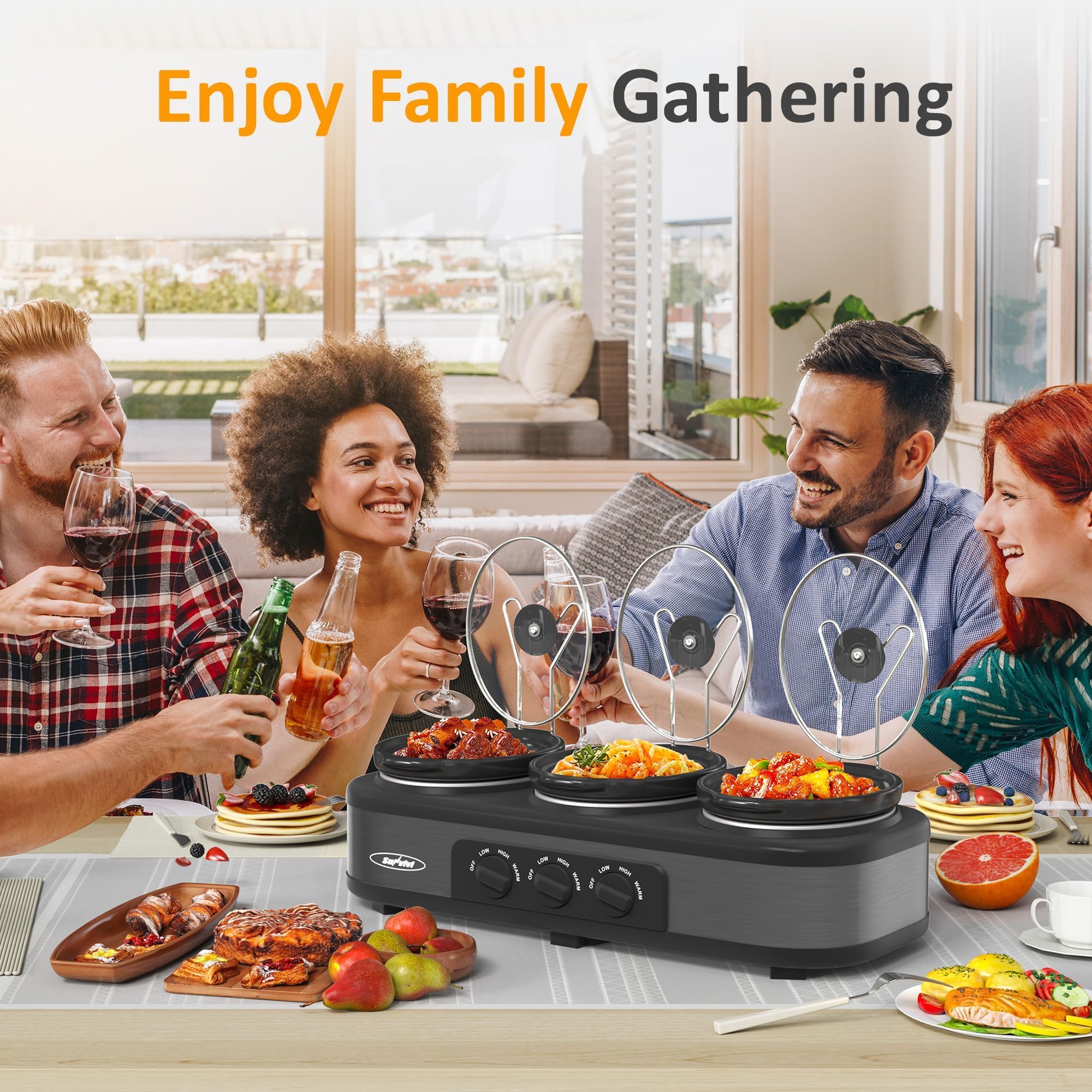SUNVIVI Triple Slow Cooker, Buffet Food Warmer with 3 x 1.5 QT Removable Ceramic Pots, Buffet Servers and Warmers with Glass Lids and 3 Spoons, Stainless Steel, Blue