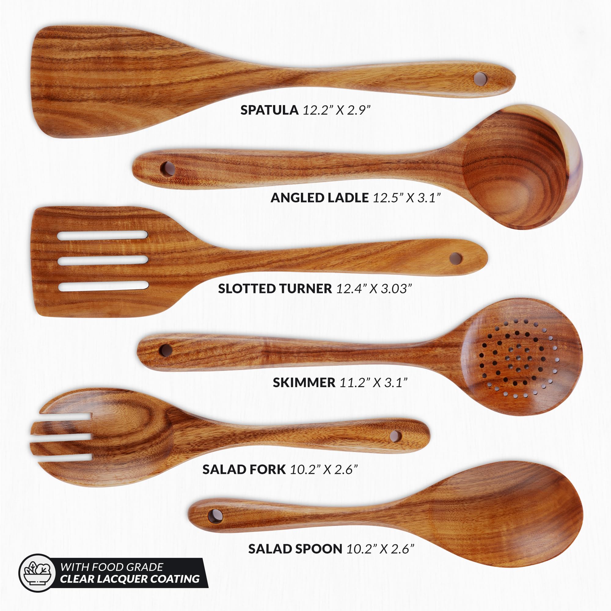 Zulay Kitchen 6 Piece Wooden Spoons for Cooking – Natural Teak Wooden Utensil Set, Easy to Clean, Durable, Smooth with Comfort Grip - Non Toxic Wooden Cooking Utensil Sets