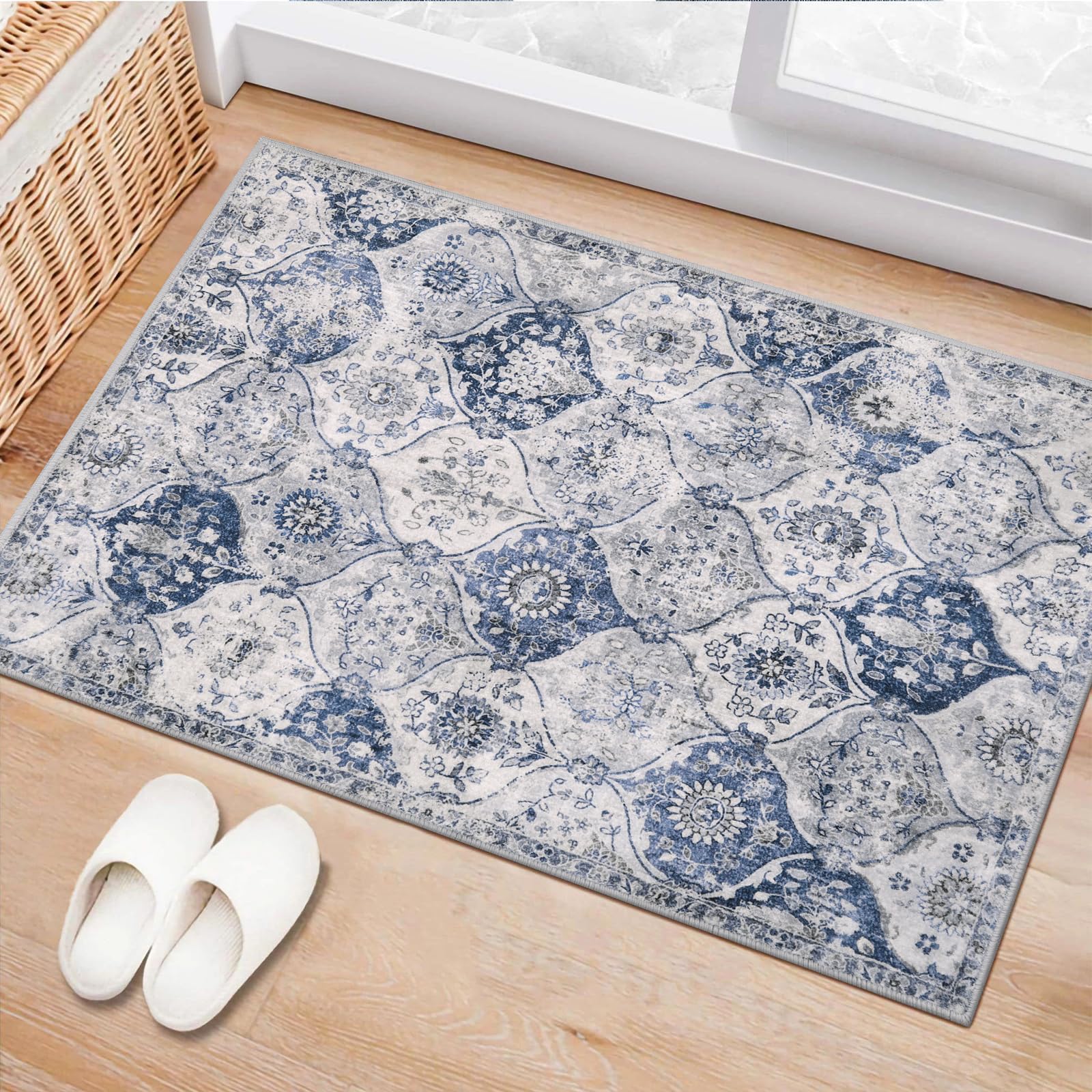 Lahome Moroccan Trellis Washable Rug, 2x3 Kitchen Rugs for Entryway Bathroom, Non-Slip Indoor Door Mat Ultra-Thin, Small Oriental Throw Carpet for Bedroom Entry Elise, Cream/Multi