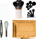 SMIRLY Kitchen Essentials Bundle: Premium Bamboo Cutting Board Set with Holder & 22-Piece Walnut Cooking Utensils Set - Ultimate Wood and Silicone Kitchen Tools for Every Culinary Need