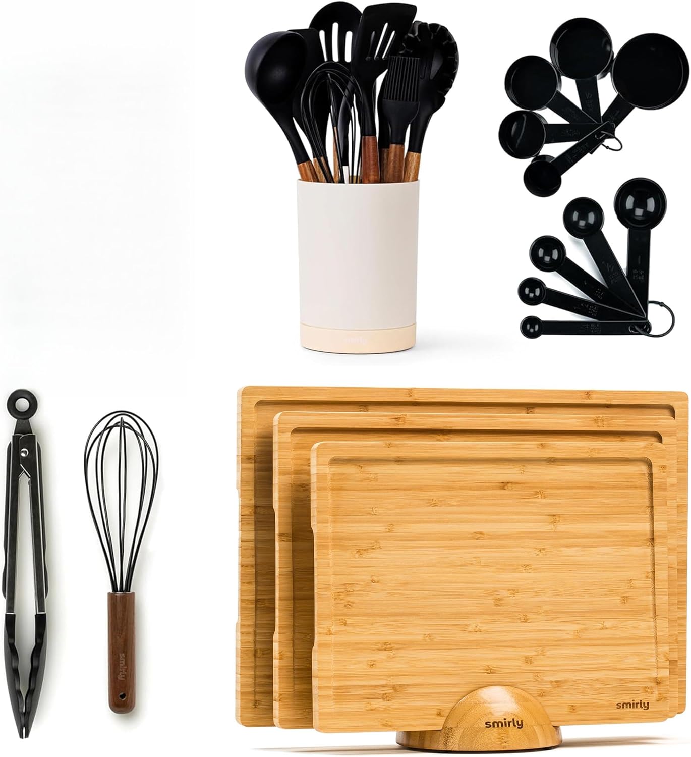 SMIRLY Kitchen Essentials Bundle: Premium Bamboo Cutting Board Set with Holder & 22-Piece Walnut Cooking Utensils Set - Ultimate Wood and Silicone Kitchen Tools for Every Culinary Need