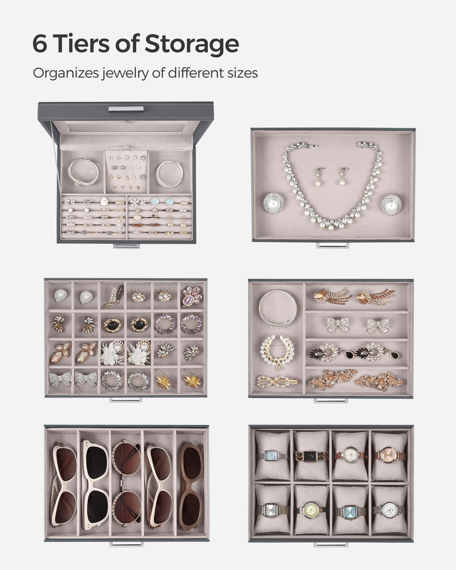 SONGMICS 3-Tier Jewelry Box, Travel Jewelry Case with Handle, 2 Drawers, Lockable Jewelry Organizer with Mirror, Jewelry Storage, Modern Style, Gift for Loved Ones, White UJBC154W01