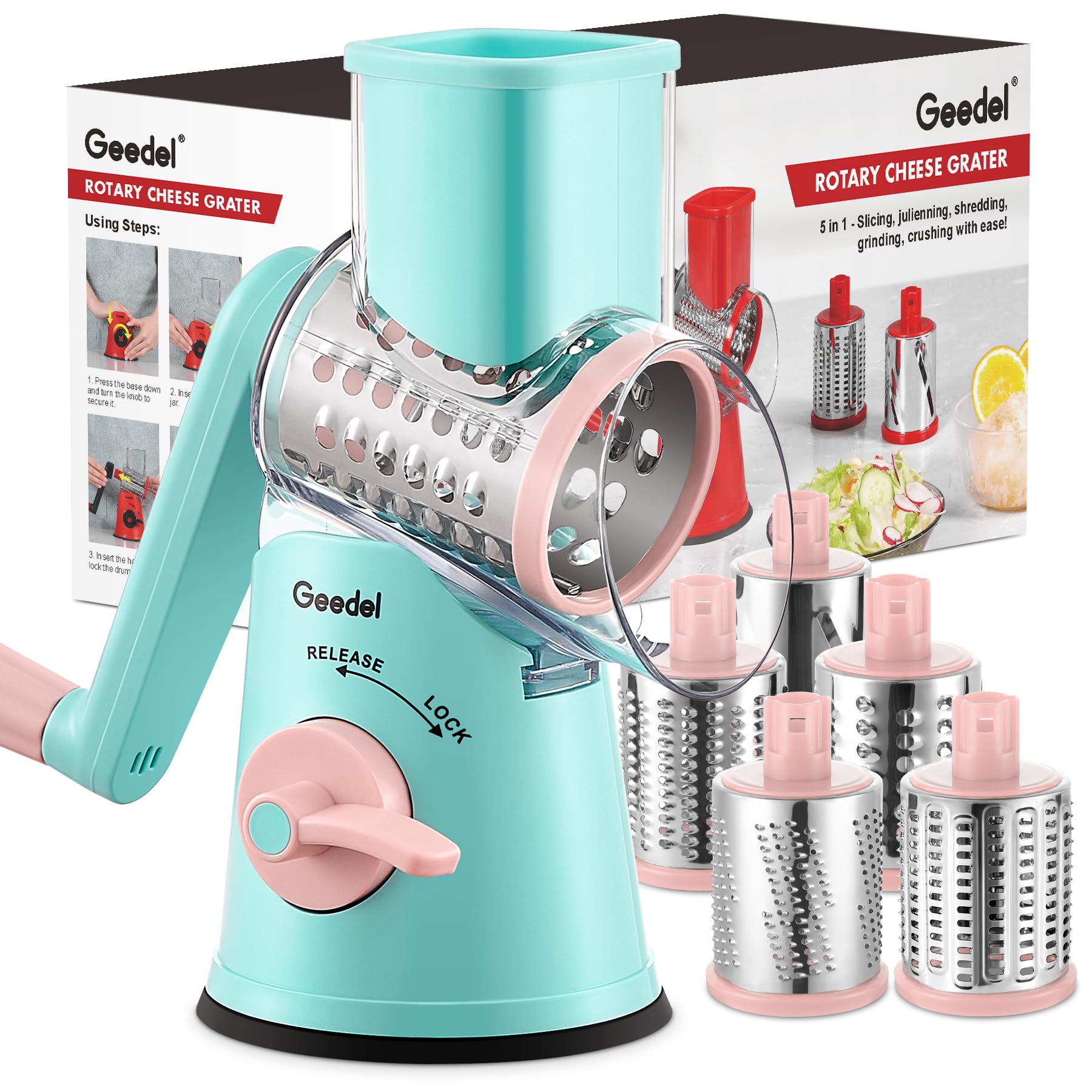 Geedel Rotary Cheese Grater, Kitchen Mandoline Vegetable Slicer with 3 Interchangeable Blades, Easy to Clean Rotary Grater Slicer for Fruit, Vegetables, Nuts