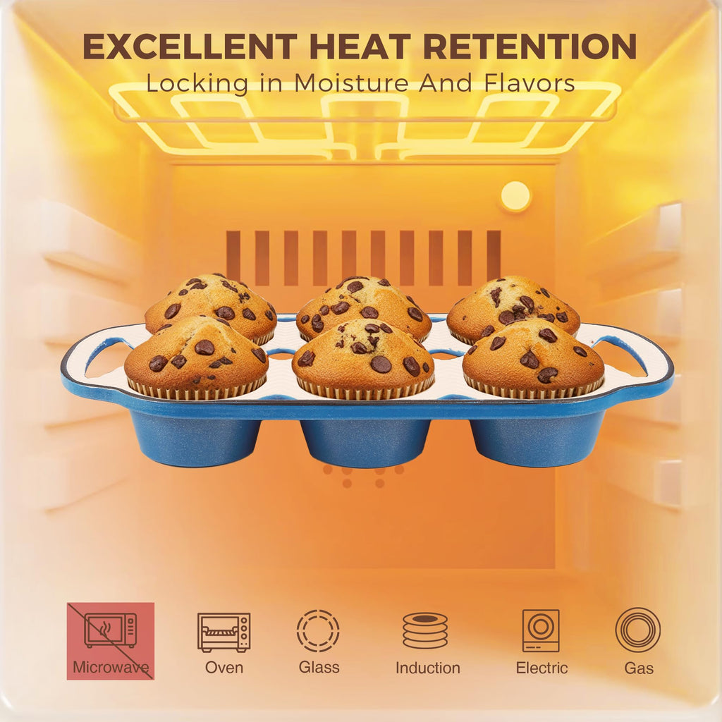 HONGBAKE Everline Collection Enameled Cast Iron Muffin Pan, Non Tocix Naturally Muffin Tin 6, Non Stick Cup Cake Pans for Baking, Oven & Stovetop Safe, Standard Size, 2 Pack, Blue